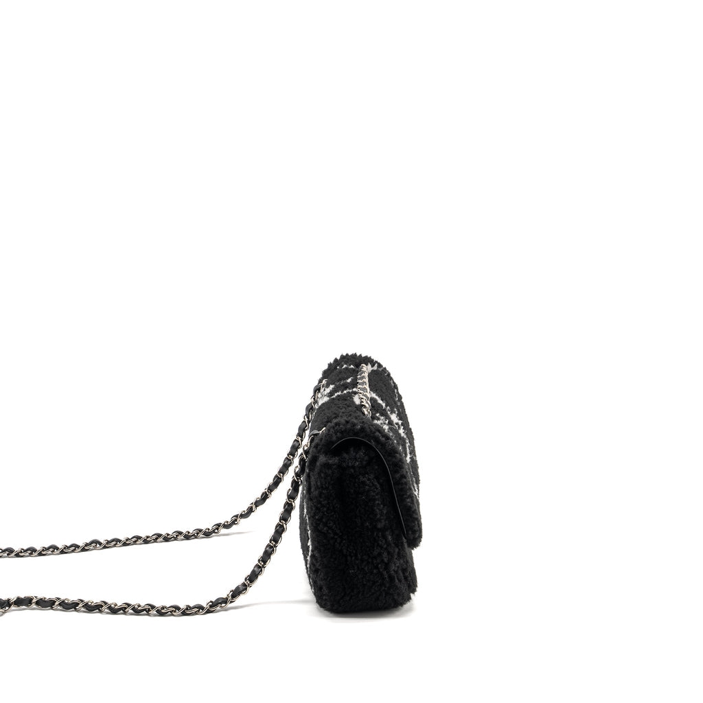 Chanel 22A Fluffy Camellia Flap Bag Embroidered Shearling Lambskin Black / White  (Microchip)