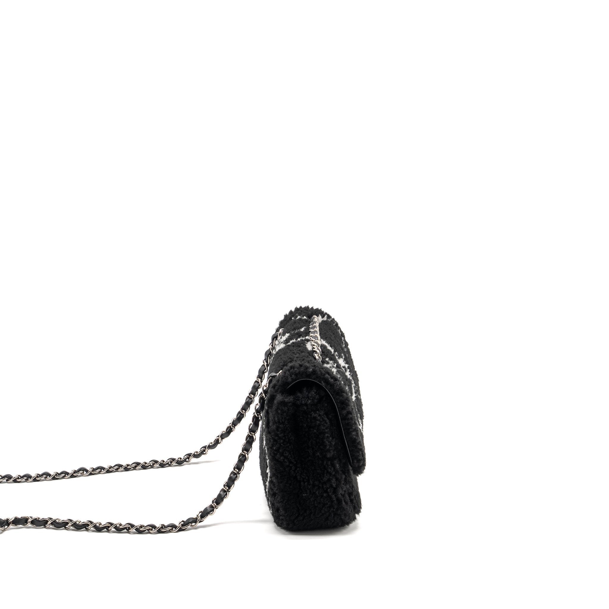 Chanel 22A Fluffy Camellia Flap Bag Embroidered Shearling Lambskin Black / White  (Microchip)