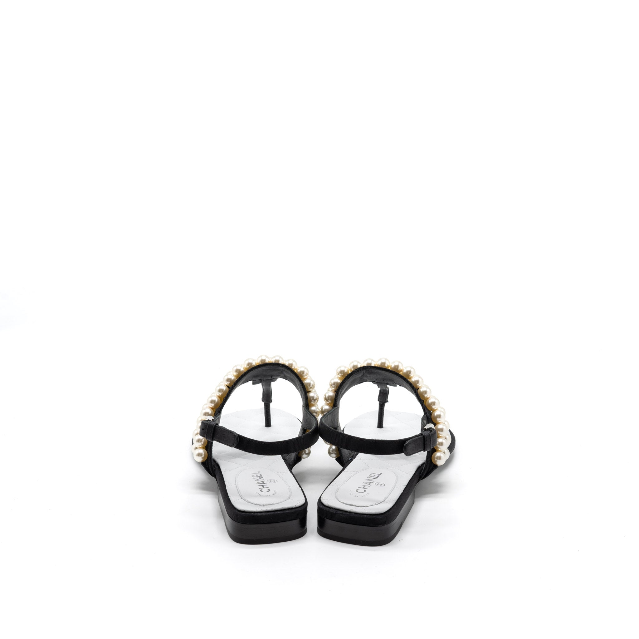 Chanel 22B Size 36 Flip Flops Sandals Pearl Leather/Fabric Black