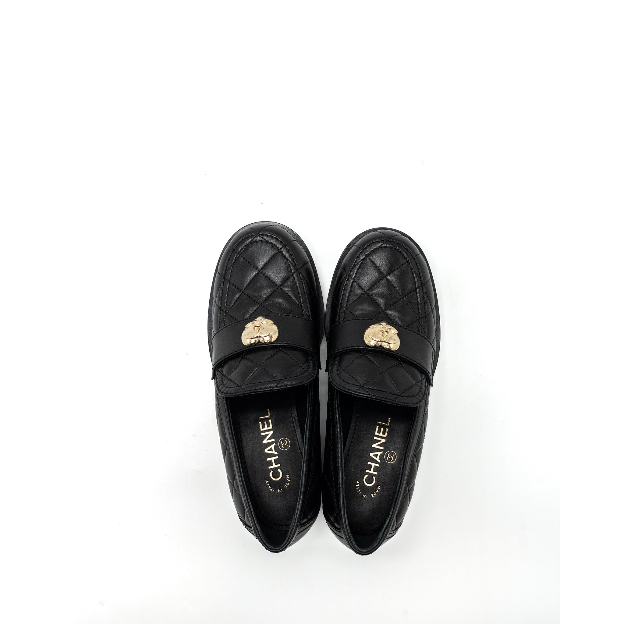 Chanel size 37 heart rock loafers leather black L