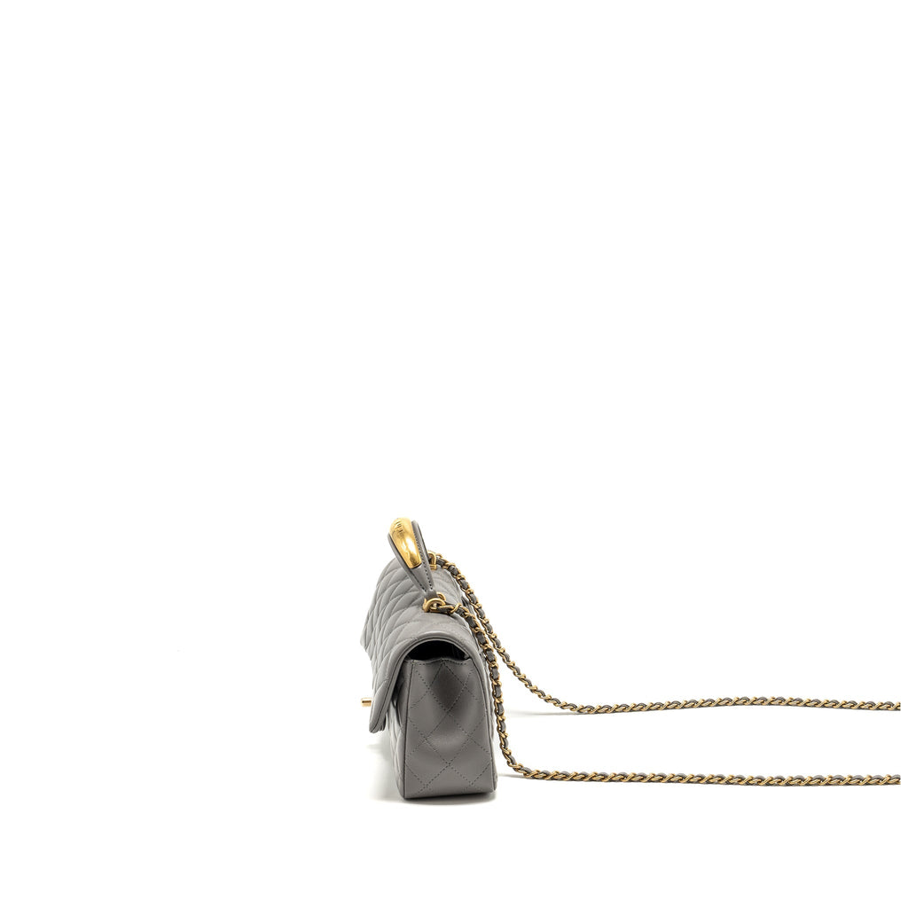 Chanel 22k Metal Top Handle Mini Rectangular Flap Bag Lambskin Grey  (microchip)