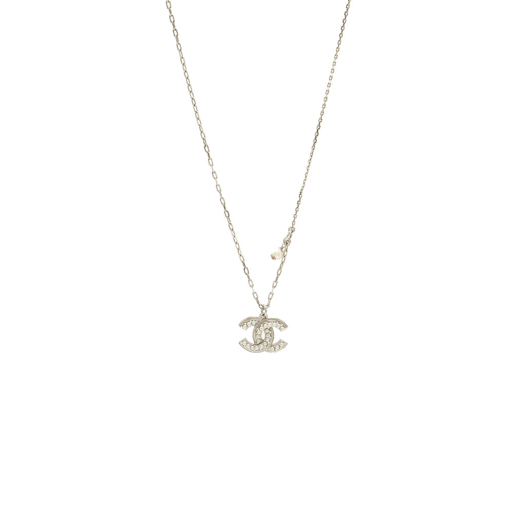 Chanel CC Logo Necklace with Pearls Silver Tone