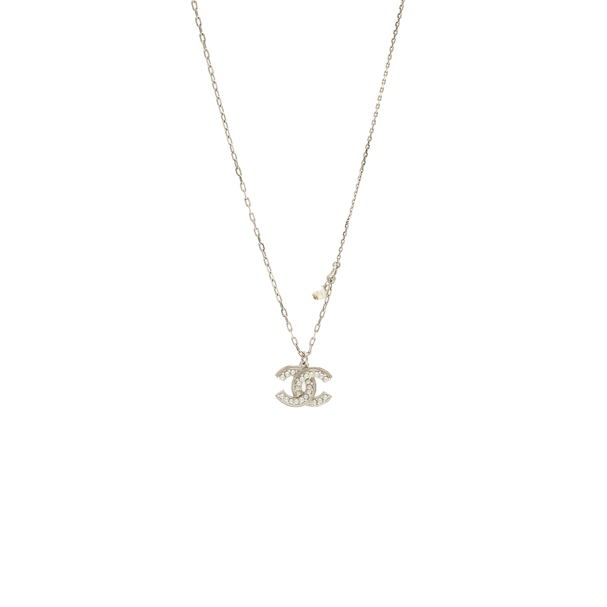 Chanel CC Logo Necklace with Pearls Silver Tone