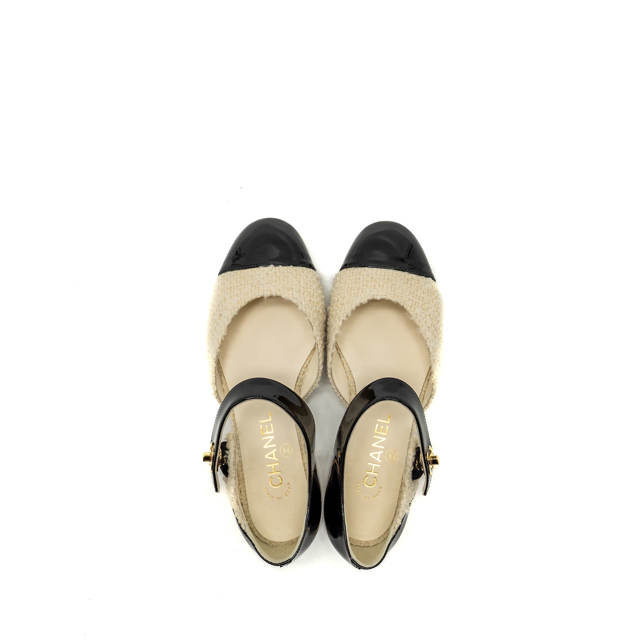 Chanel Size 36.5 21K CC Logo Ballerinas Tweed/Patent Calfskin Ivory/Black