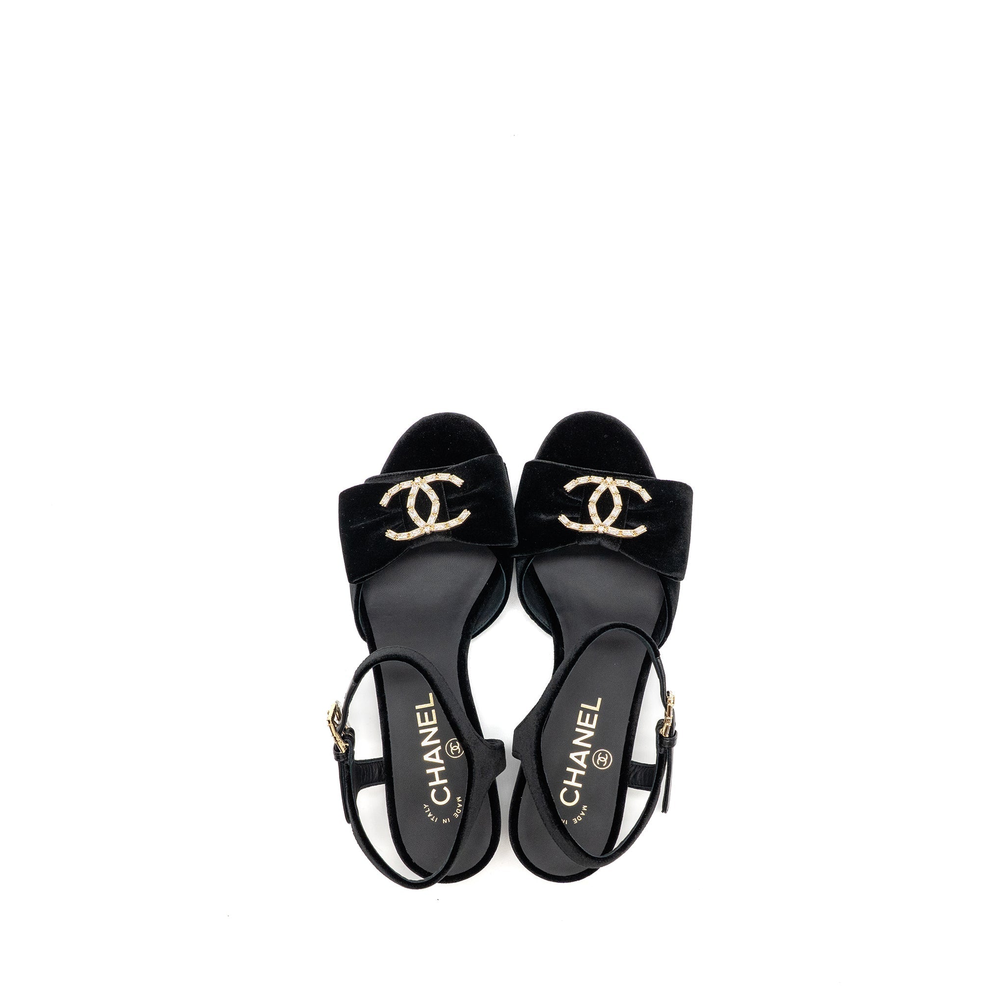Chanel Size 36 24K Crystal CC Logo Sandals Velvet Black L
