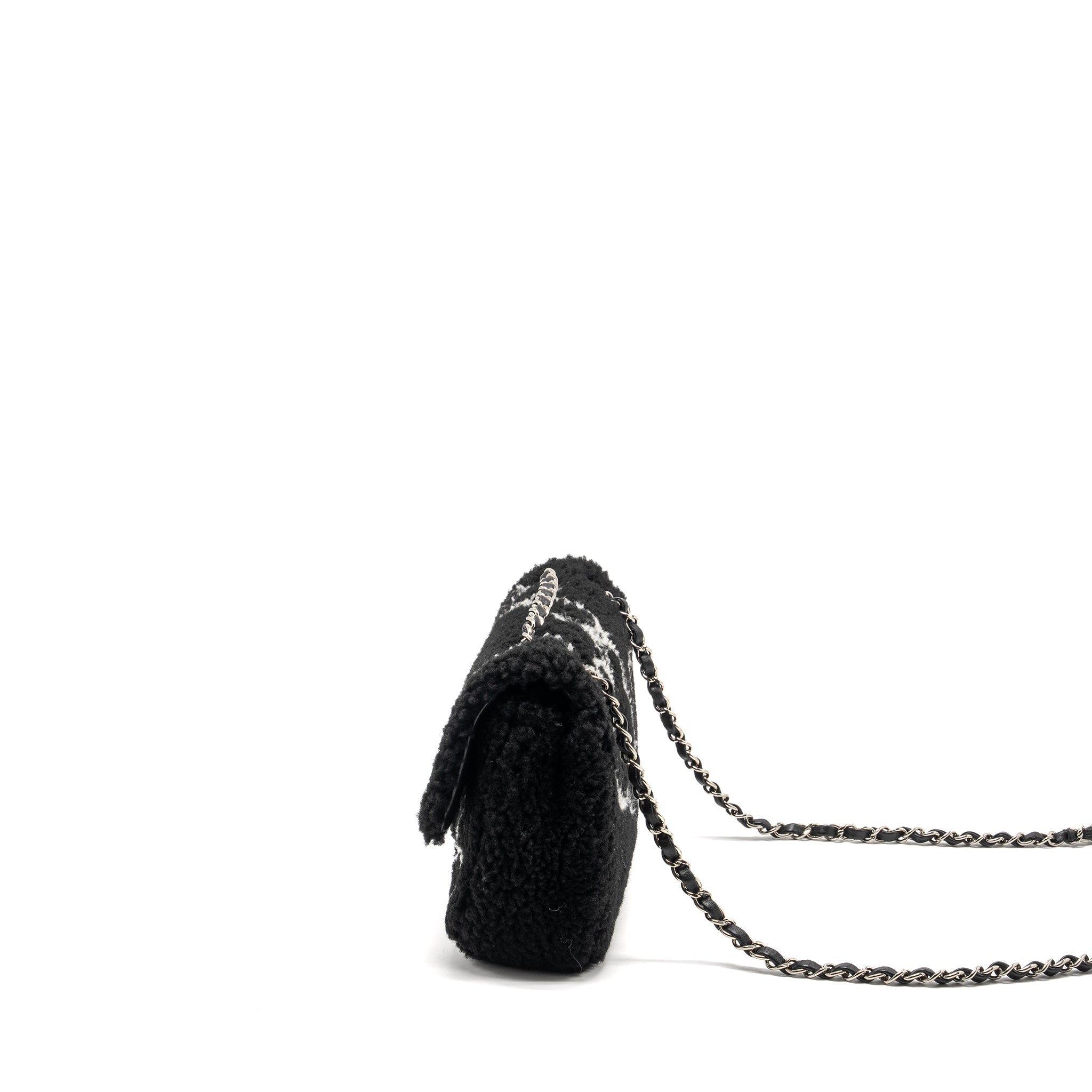 Chanel 22A Fluffy Camellia Flap Bag Embroidered Shearling Lambskin Black / White  (Microchip)