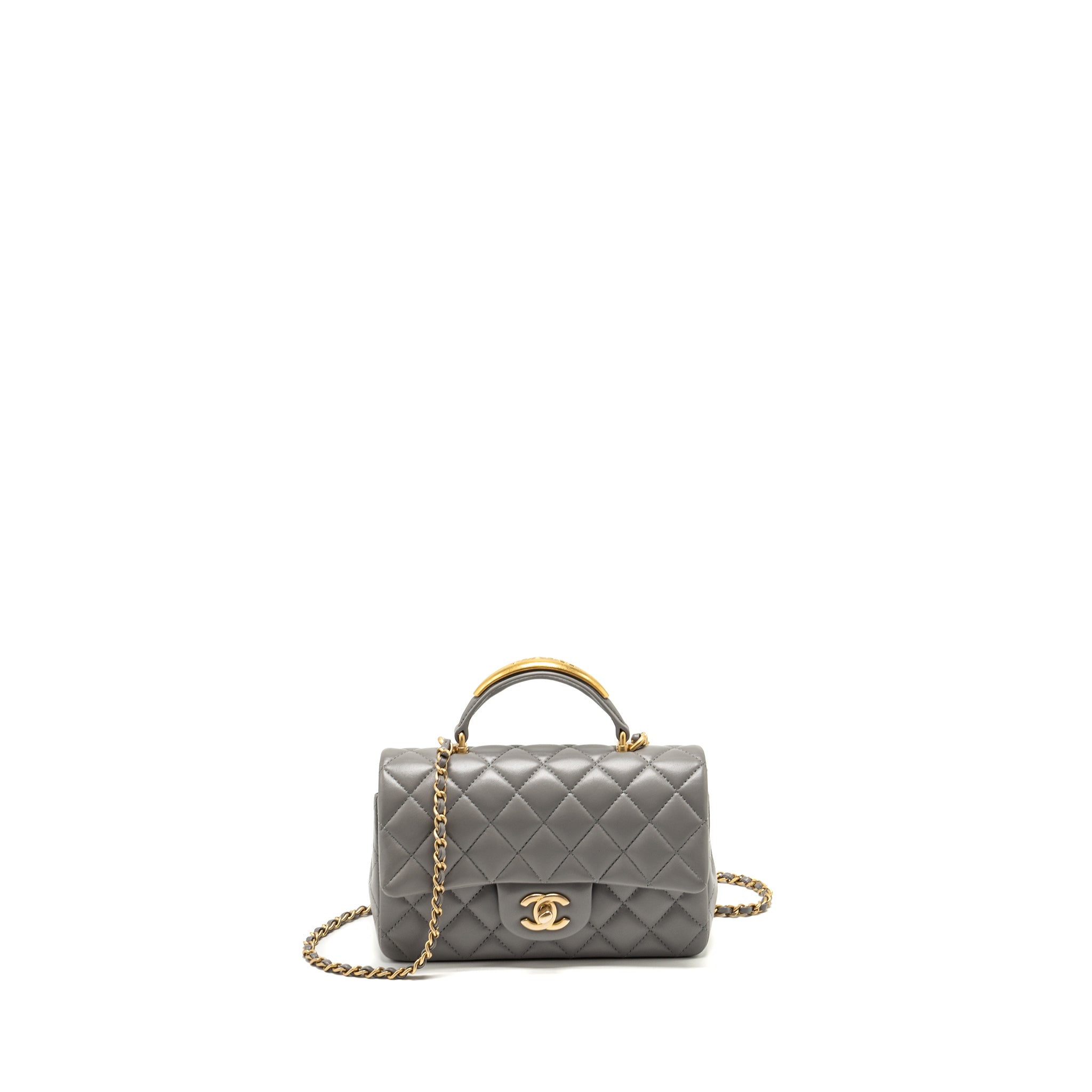 Chanel 22k Metal Top Handle Mini Rectangular Flap Bag Lambskin Grey  (microchip)