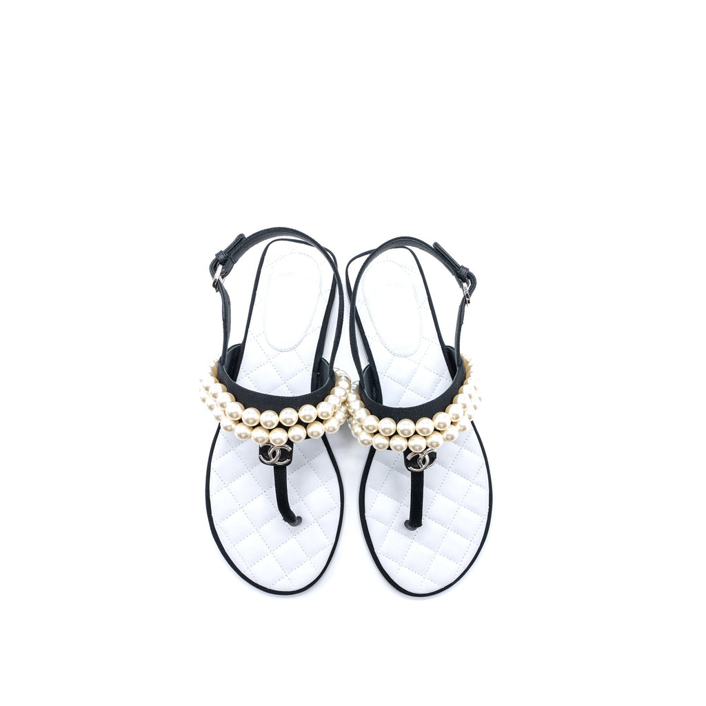 Chanel 22B Size 36 Flip Flops Sandals Pearl Leather/Fabric Black