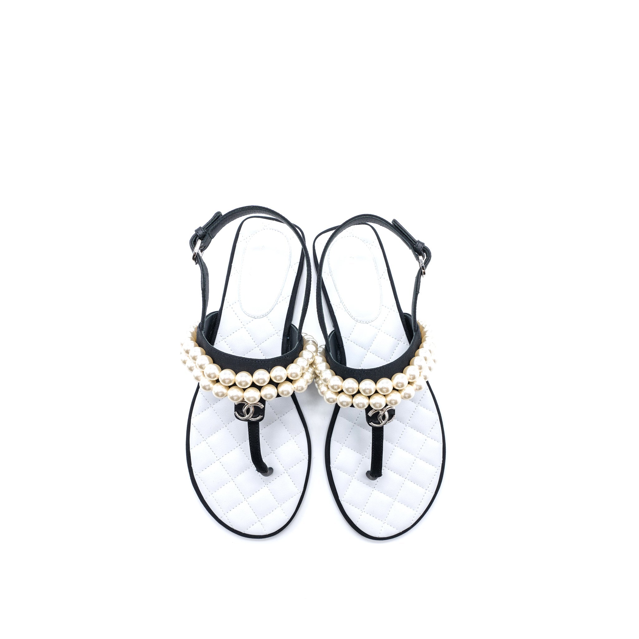 Chanel 22B Size 36 Flip Flops Sandals Pearl Leather/Fabric Black