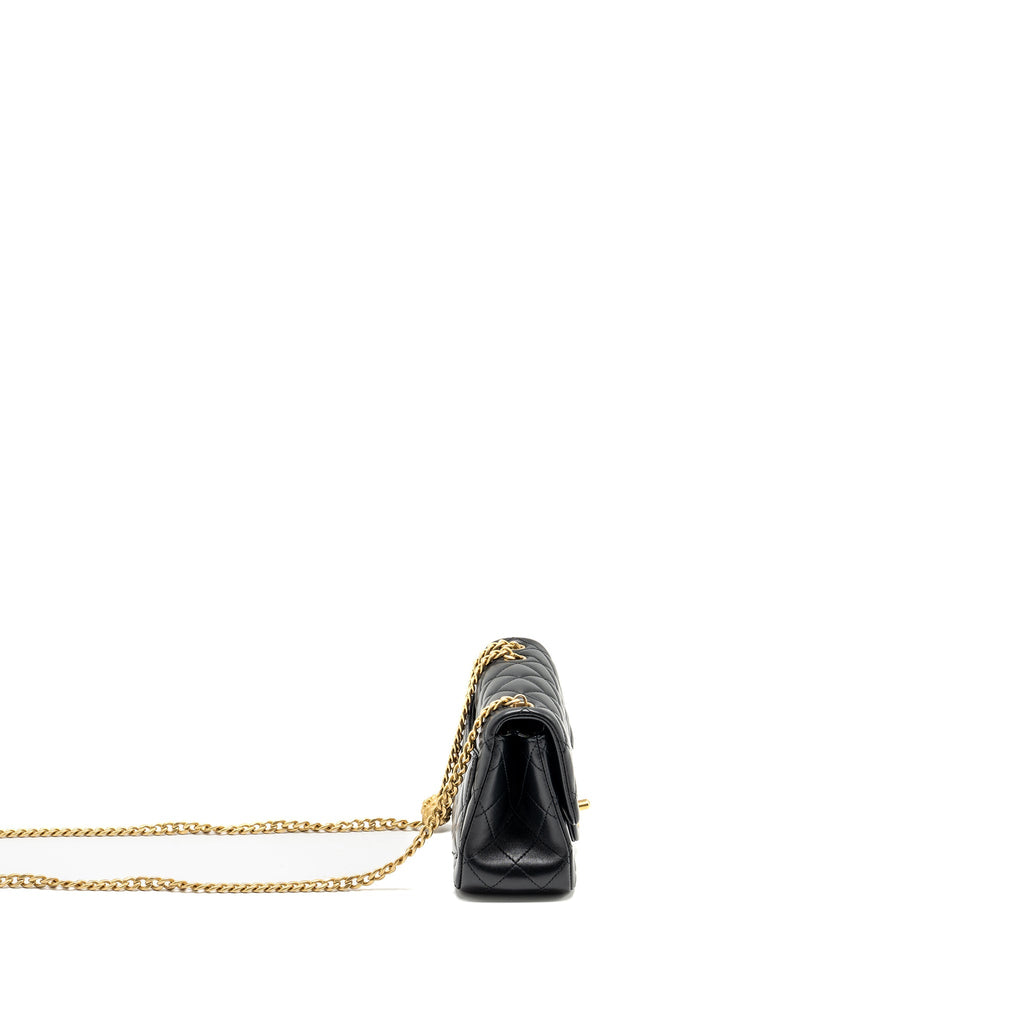 Chanel Camellia Adjustable Chain Mini Square Flap bag Lambskin black  (microchip)