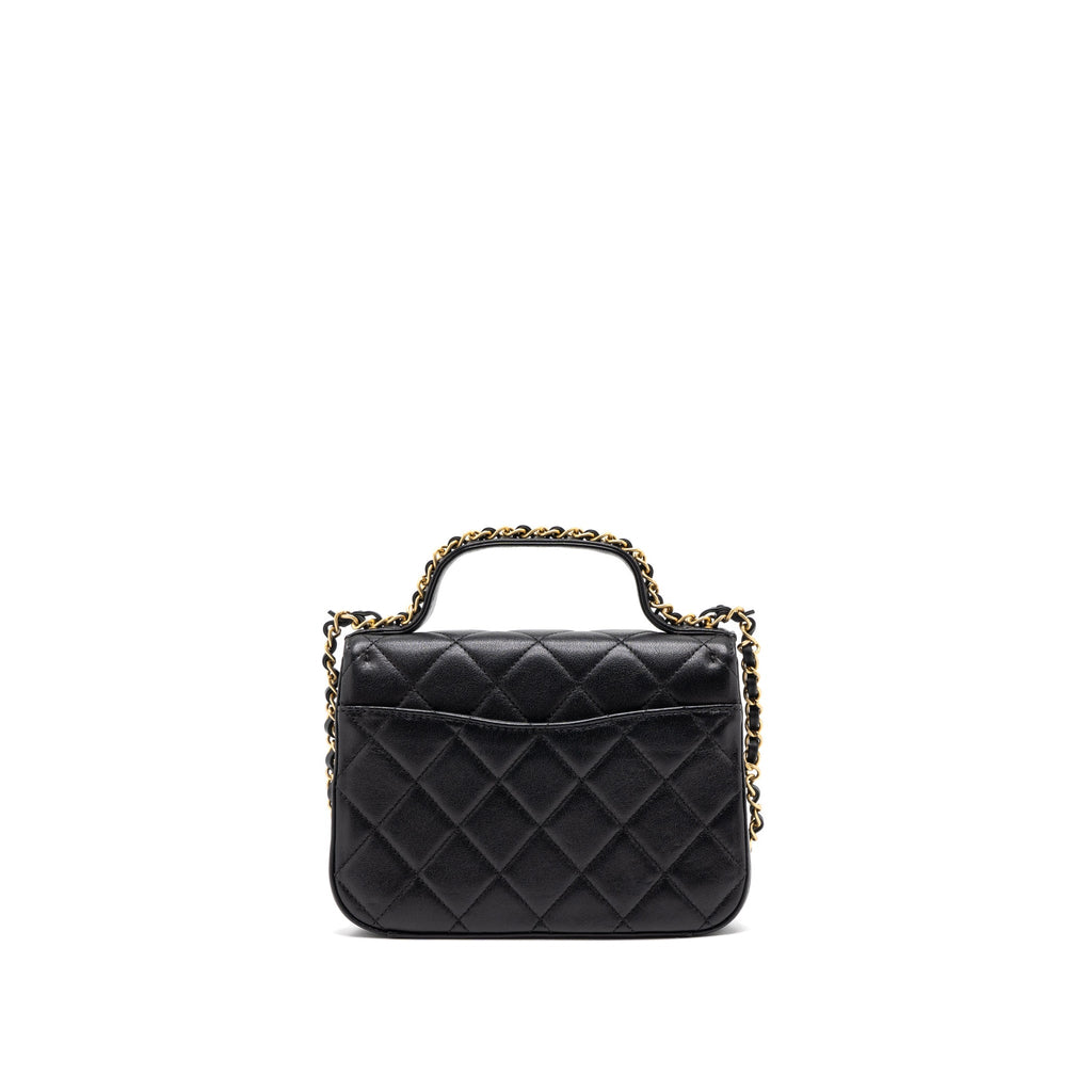 Chanel Top Handle Flap Bag Detailed Logo Goatskin Black