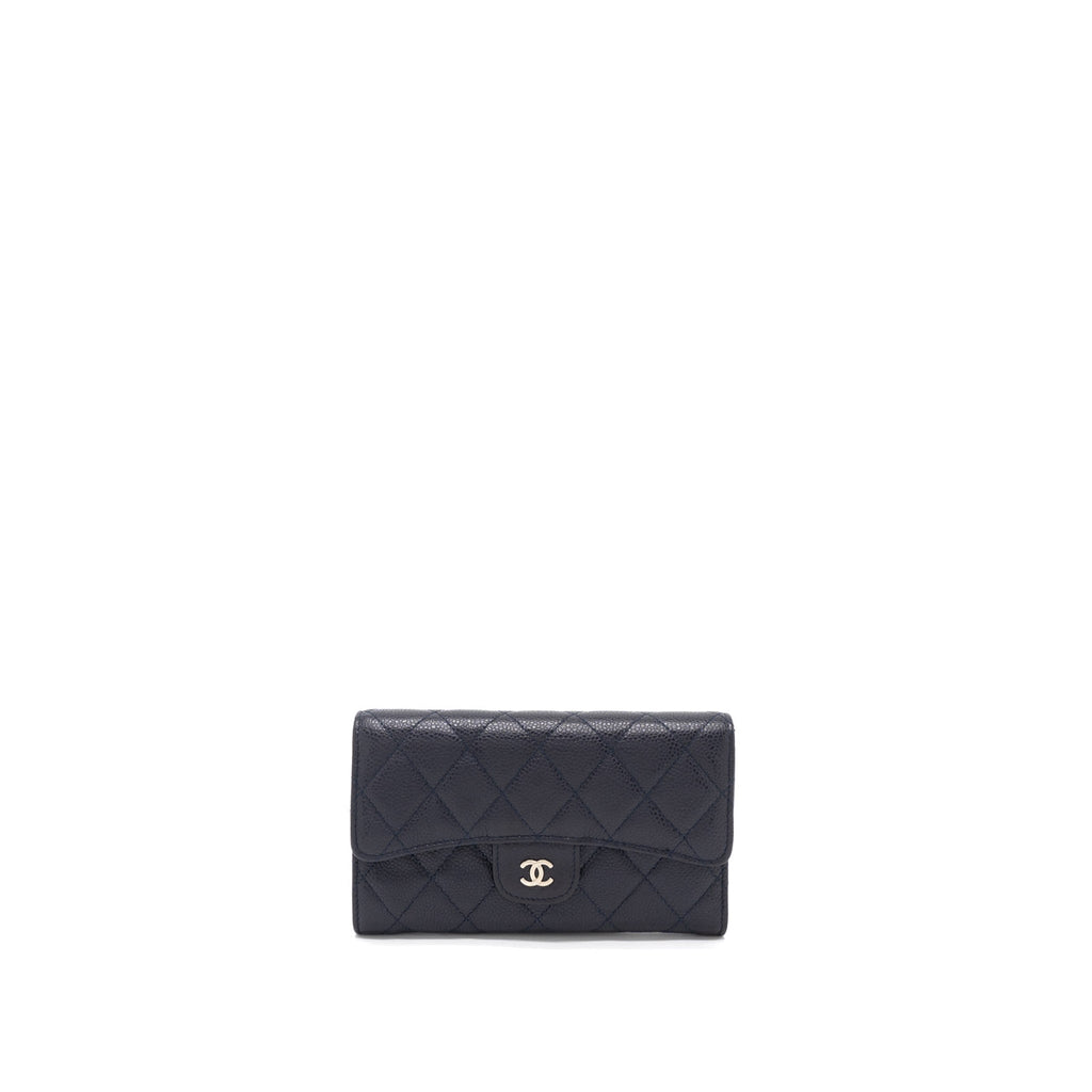 Chanel Classic Quilted Flap Long Wallet Caviar Dark Blue