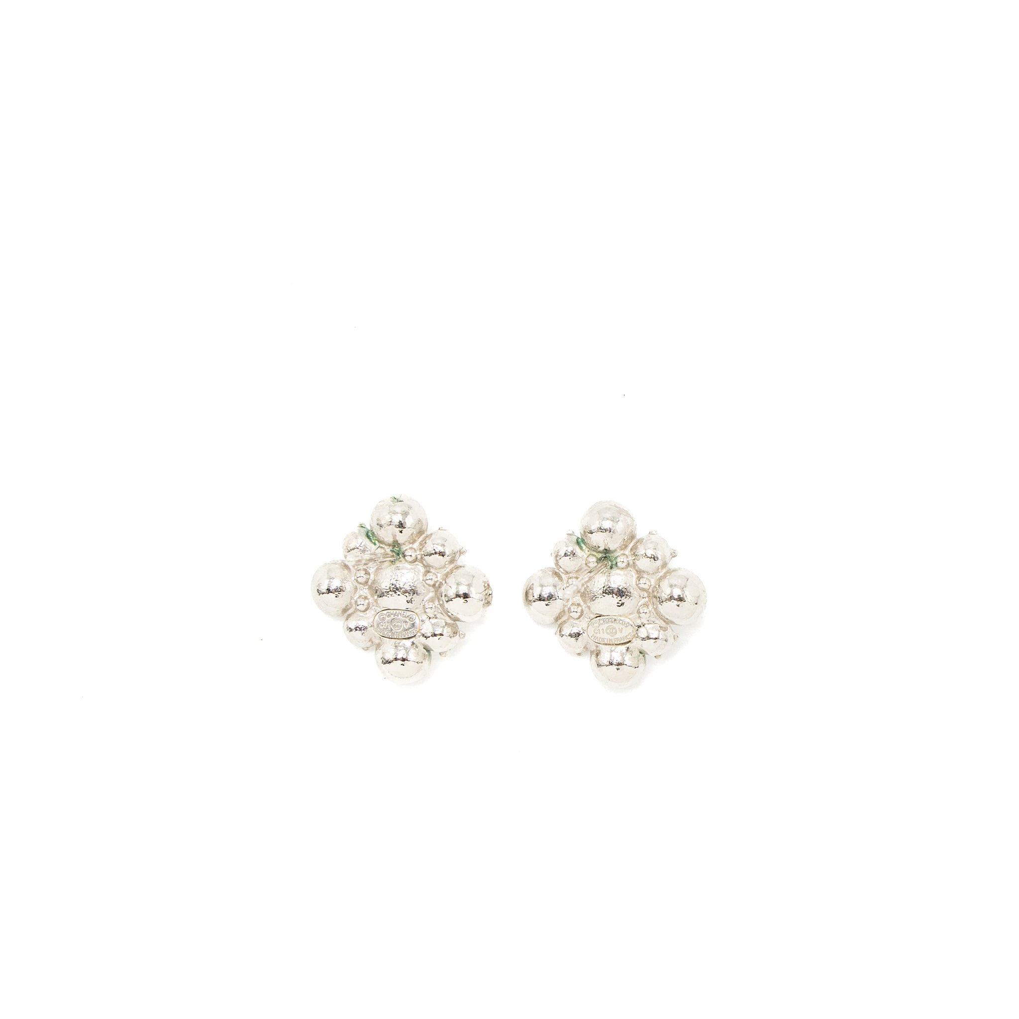 Chanel Quilted Earring Crystal Silver Tone