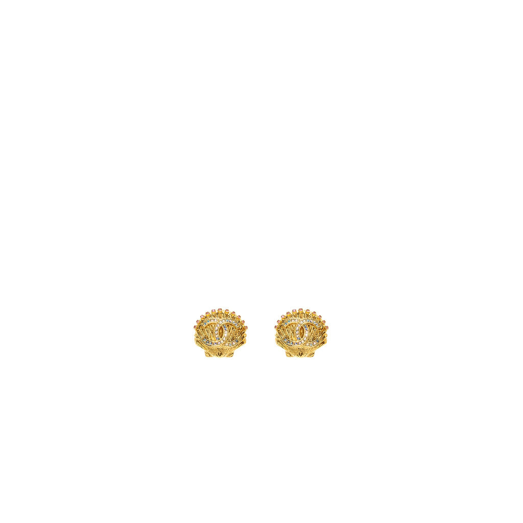 Chanel cc logo shell earclips crystal multicolour gold tone
