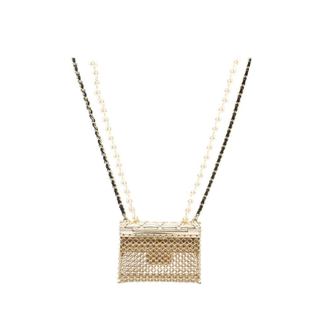 Chanel Micro Bag Necklace Pearl/ Leather Chain L