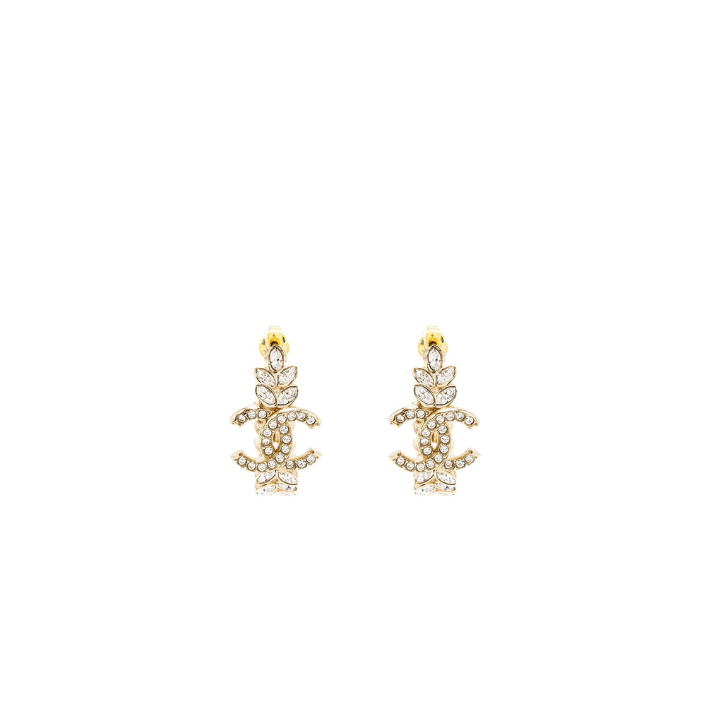 Chanel CC Logo Small Hoop Earrings With Crystal Light Gold Tone