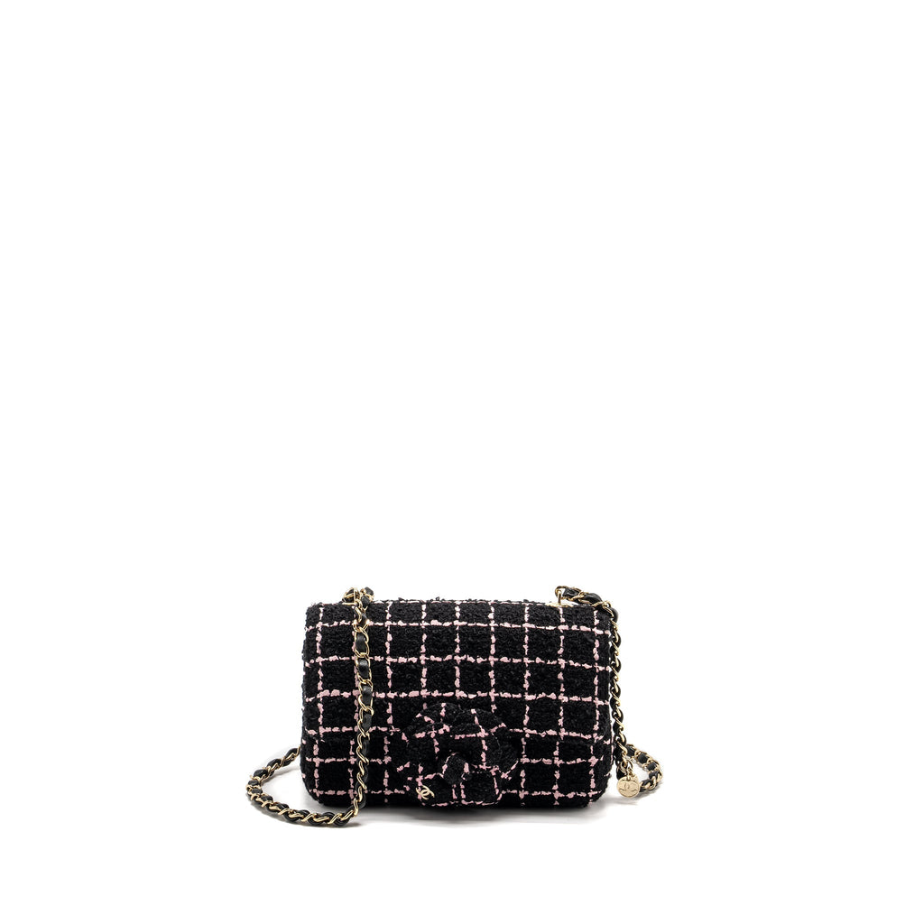 Chanel 23K Flower Bomb Mini Rectangular Flap Bag Tweed Black / Pink L (Microchip)