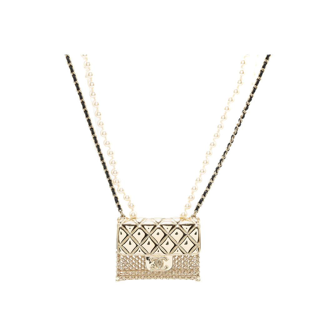 Chanel Micro Bag Necklace Pearl/ Leather Chain L