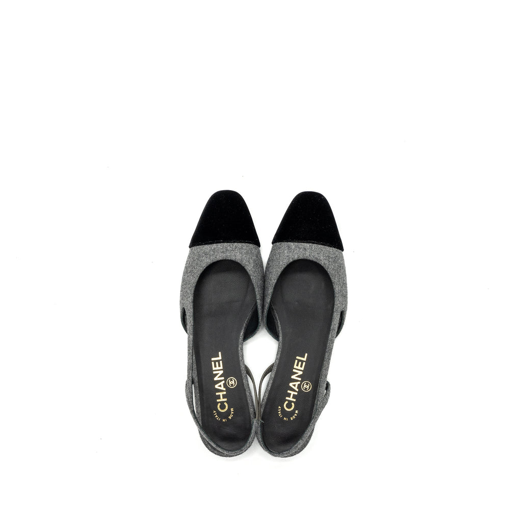 Chanel Size 37 Sling Back Flat Shoes Felt/Velvet Grey/Black