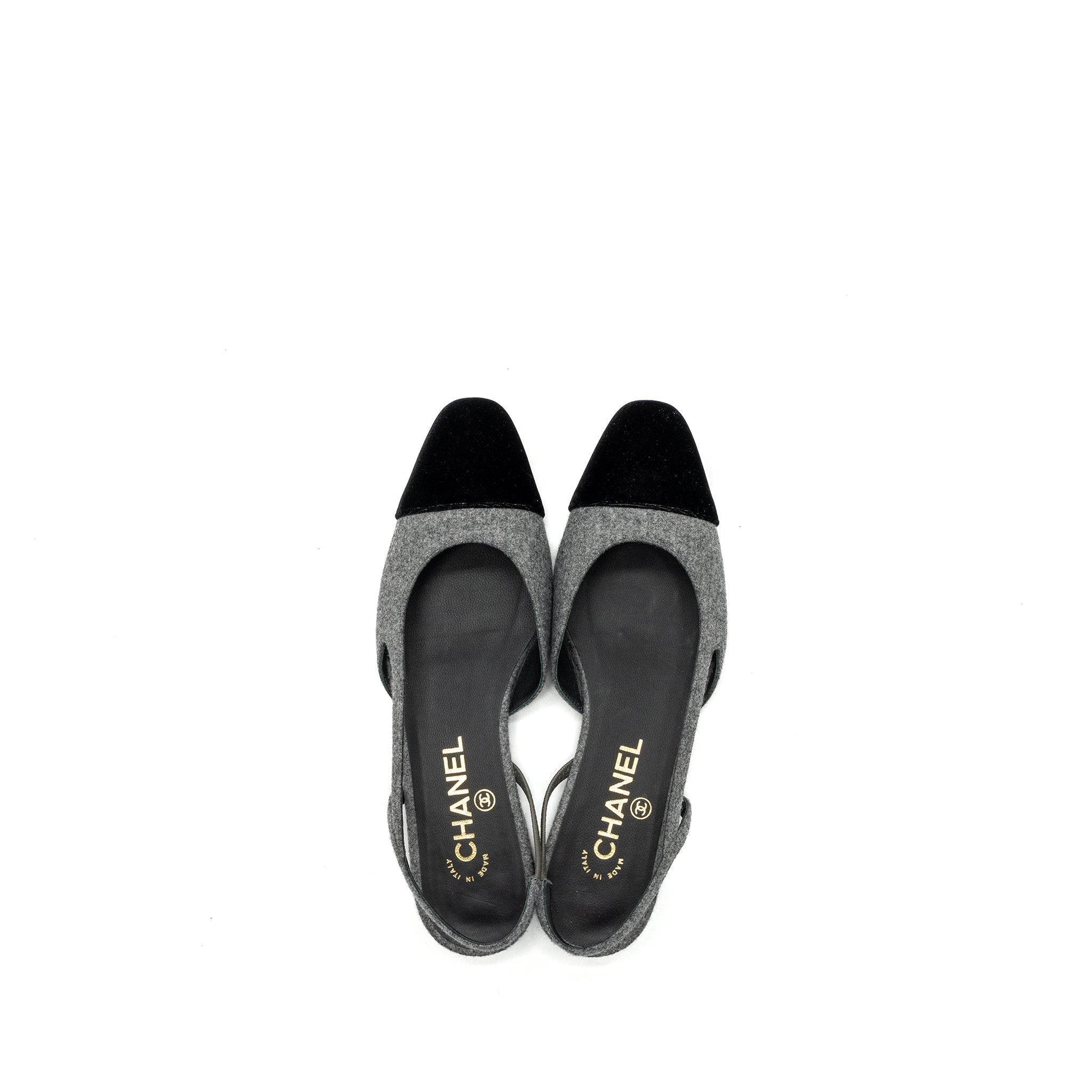 Chanel Size 37 Sling Back Flat Shoes Felt/Velvet Grey/Black