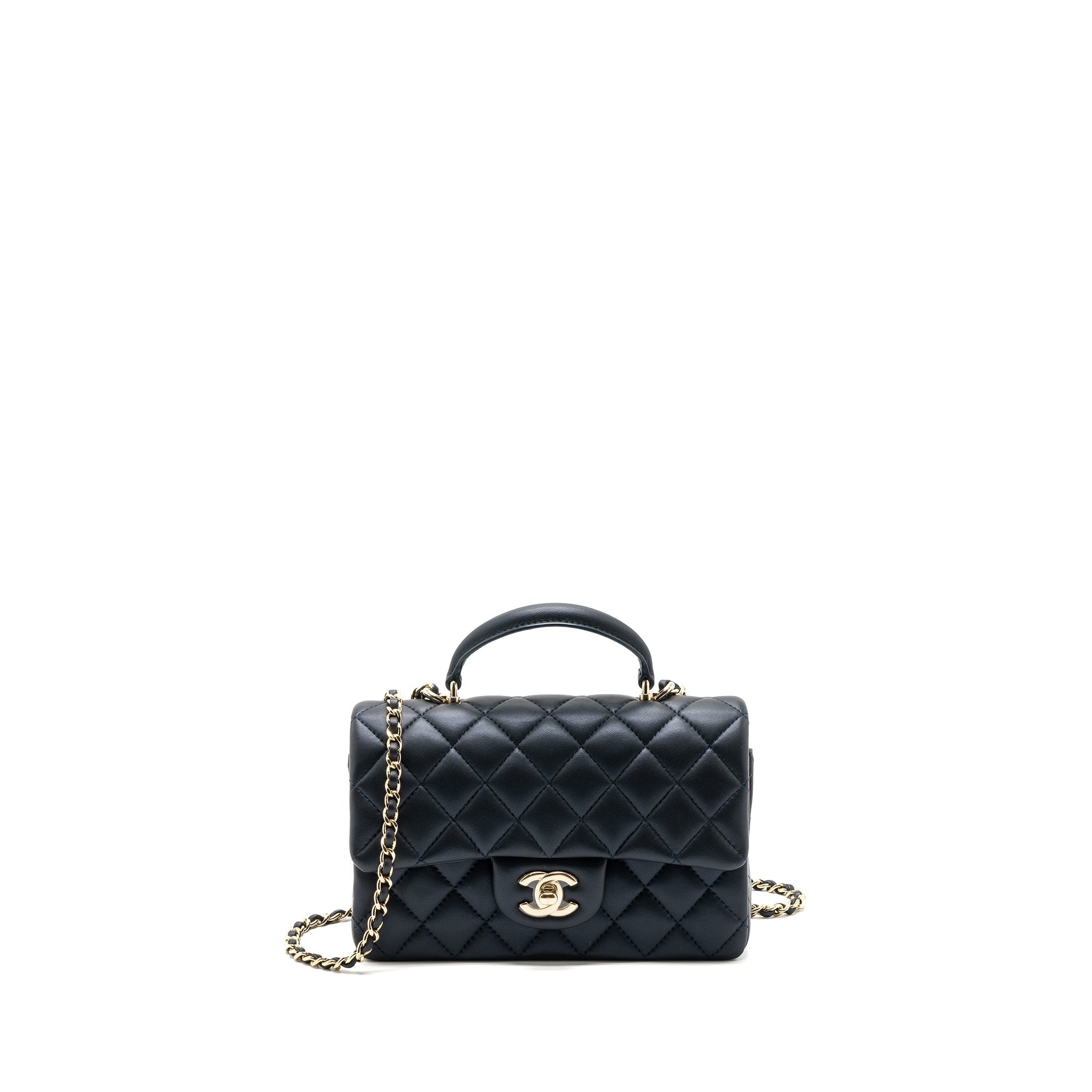 Chanel 22a Top Handle Mini Rectangular Flap Bag Lambskin Dark Blue L(Microchip)