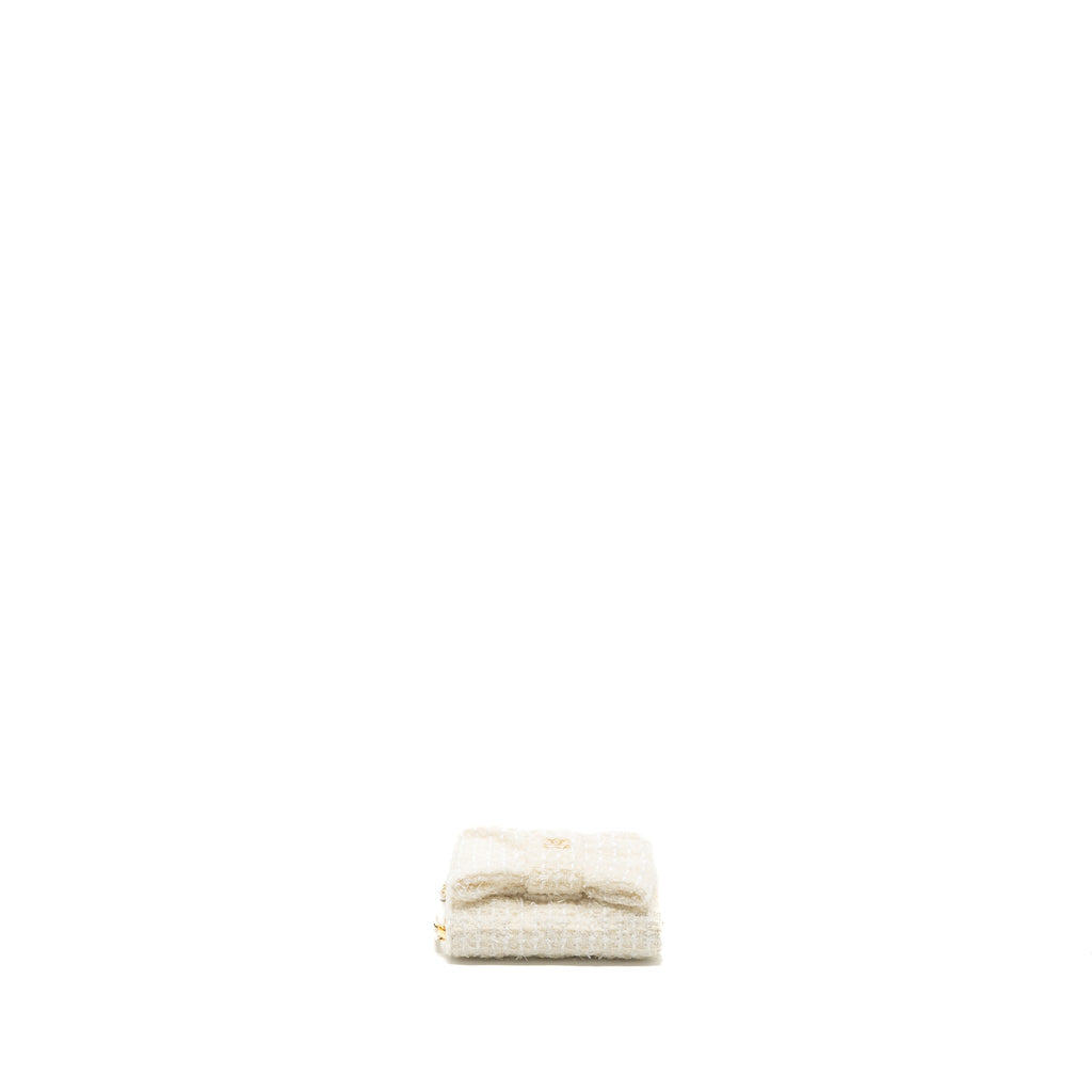 Chanel Mini Bow Card Holder With Chain Tweed White L(Microchip)