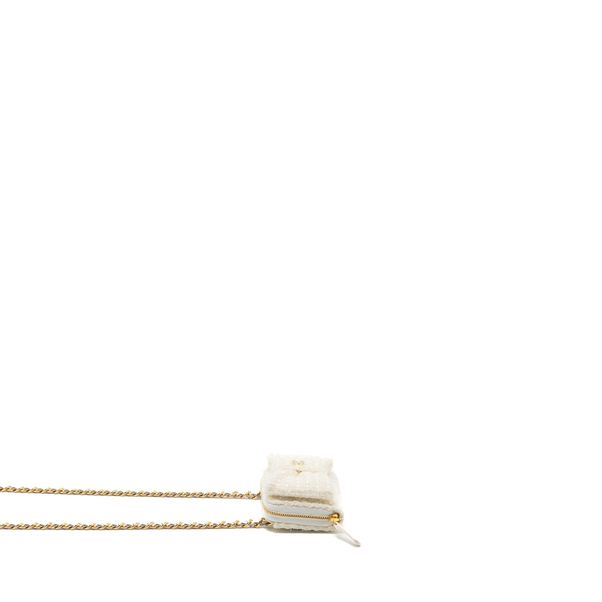 Chanel Mini Bow Card Holder With Chain Tweed White L(Microchip)