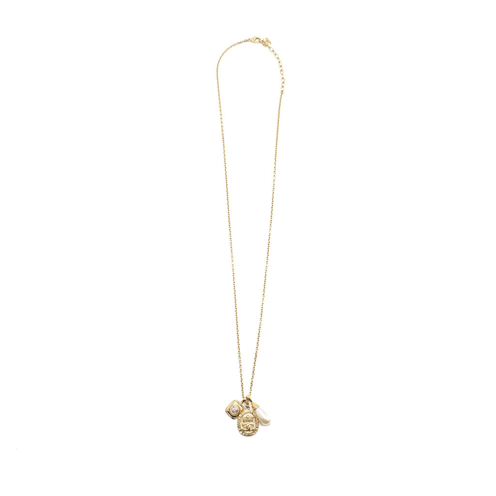 Chanel 21A Metal Plate Crystal Necklace Brushed Gold Tone