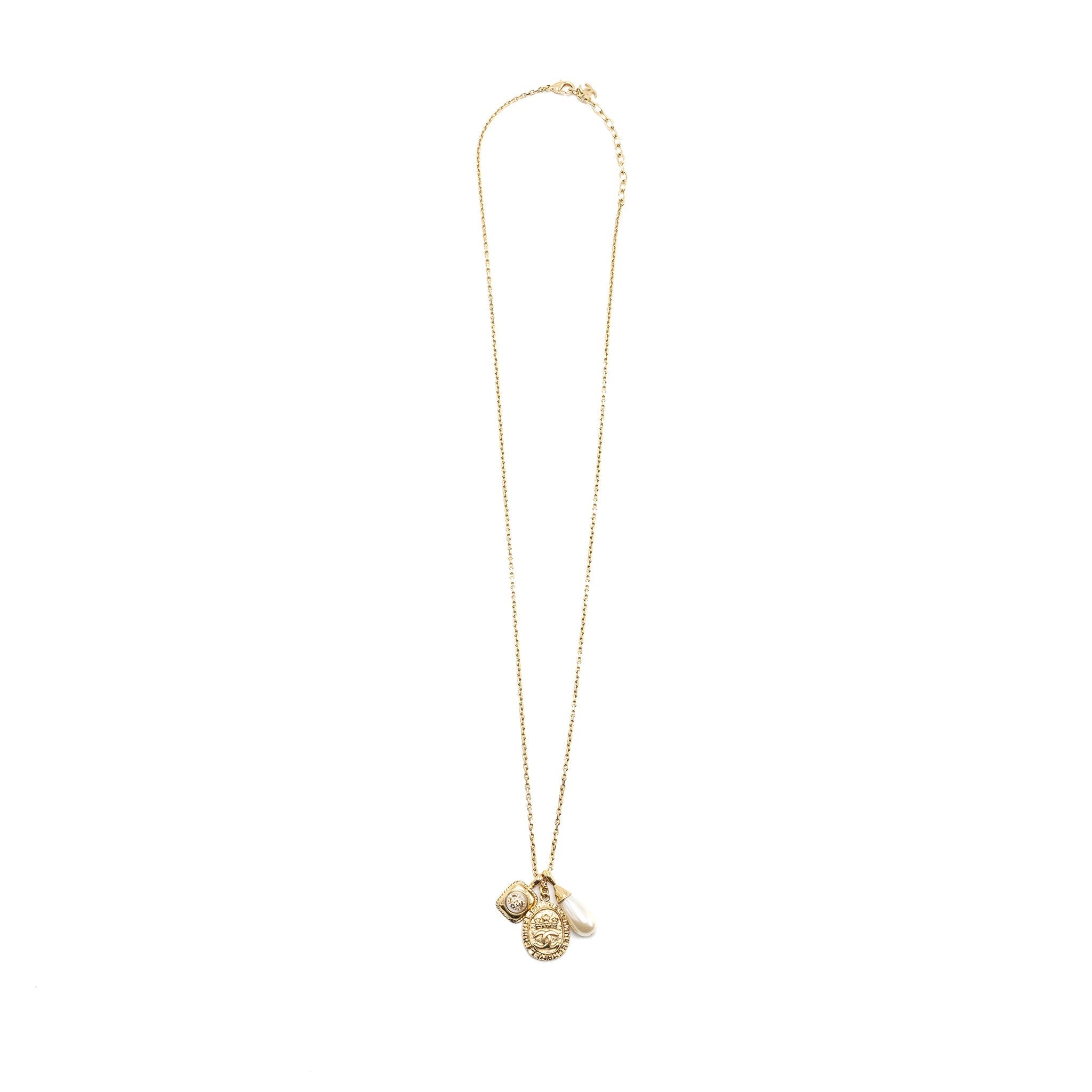 Chanel 21A Metal Plate Crystal Necklace Brushed Gold Tone