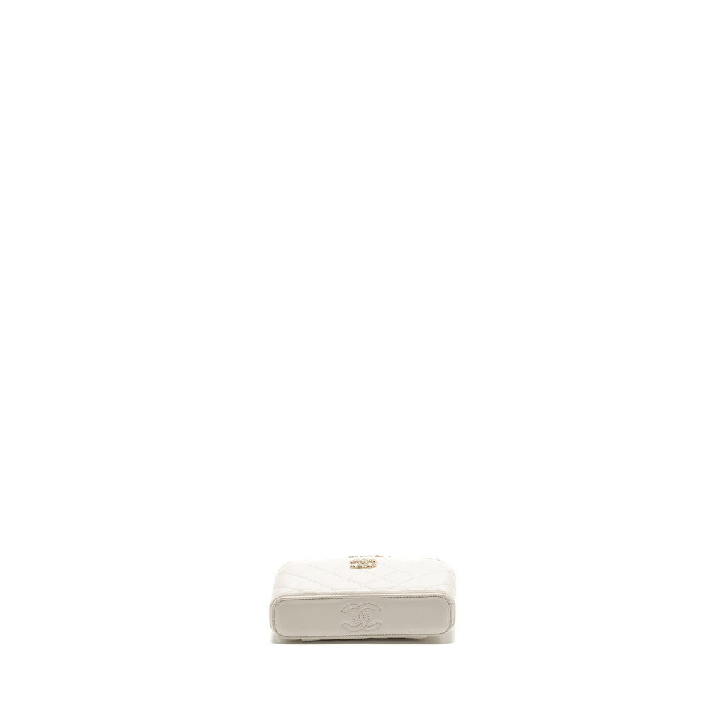 Chanel 23k Camellia Top Handle Long Vanity Case With Chain Calfskin White L (Microchip)