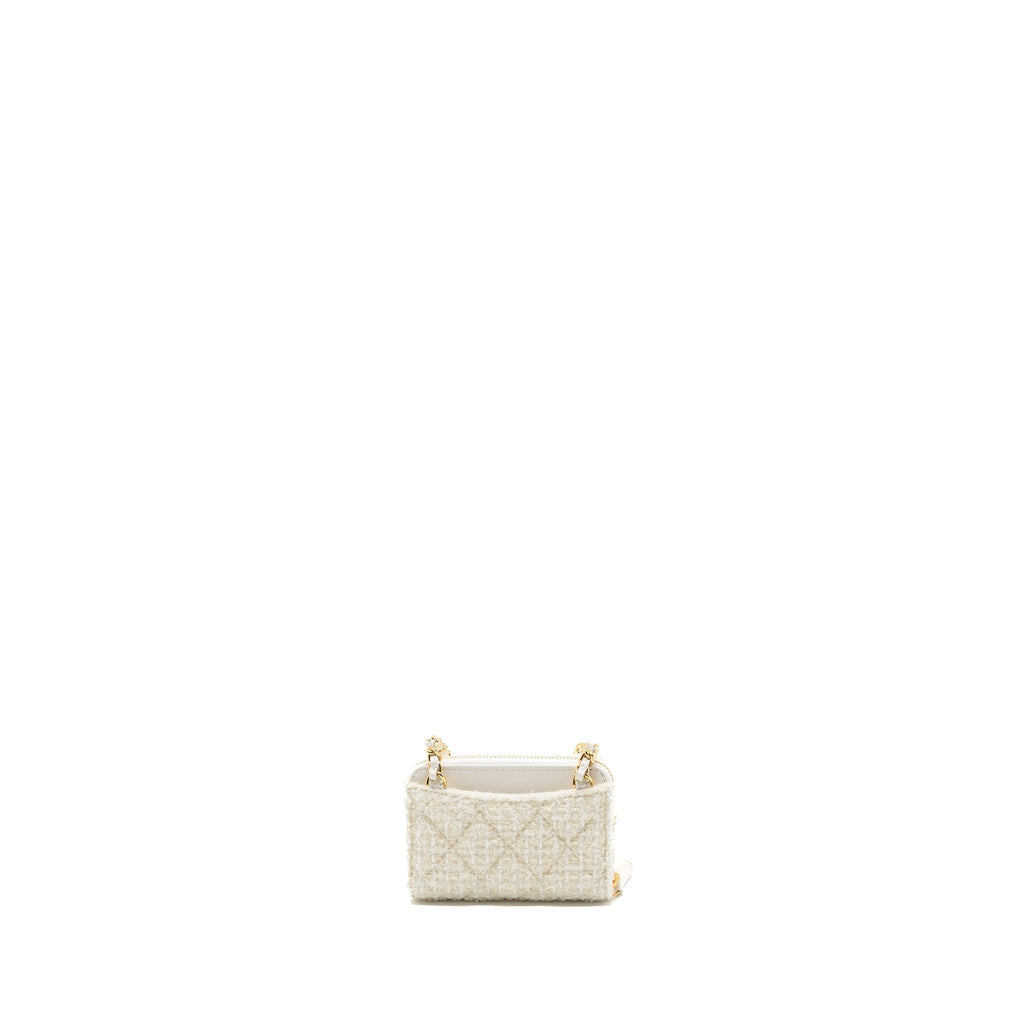 Chanel Mini Bow Card Holder With Chain Tweed White L(Microchip)