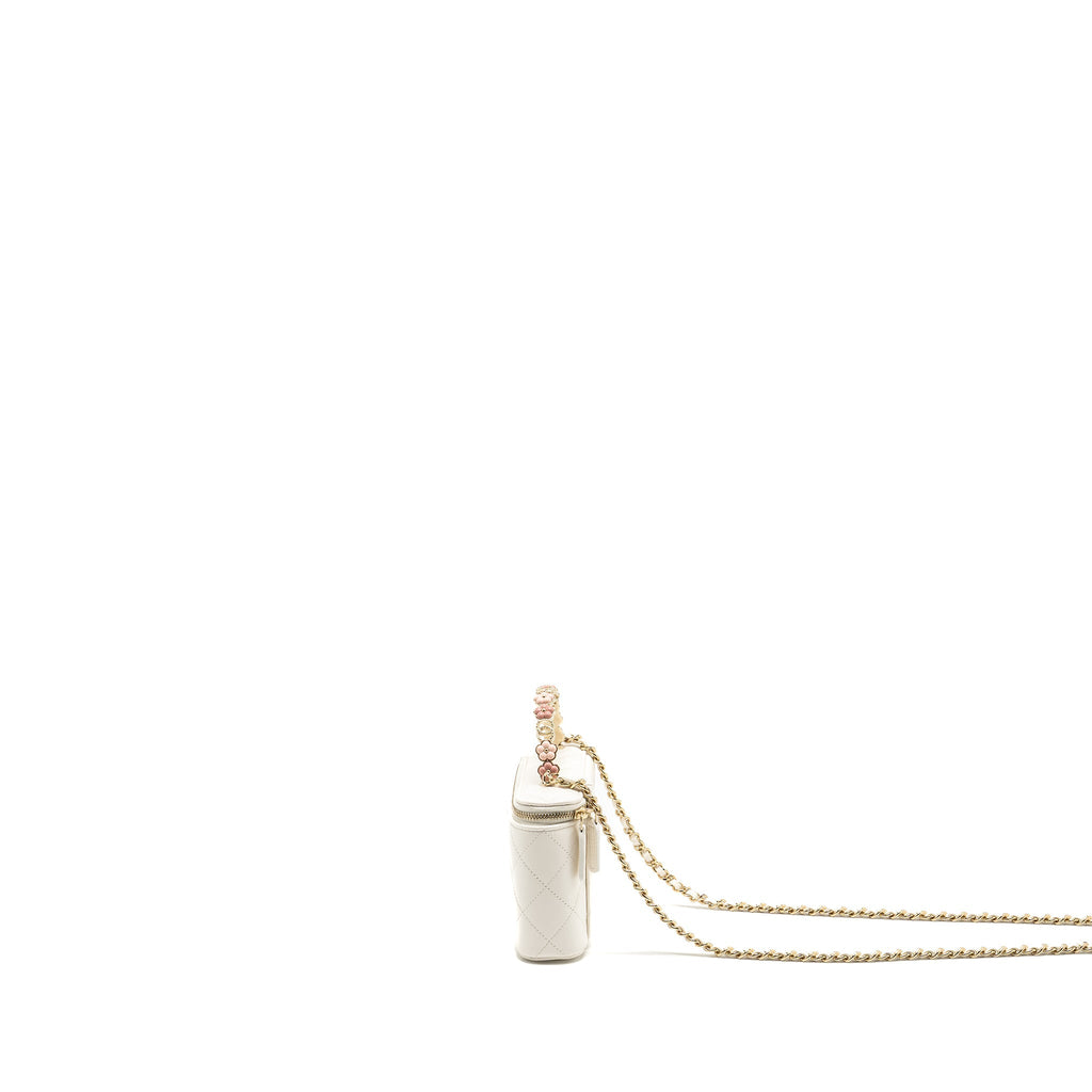 Chanel 23k Camellia Top Handle Long Vanity Case With Chain Calfskin White L (Microchip)