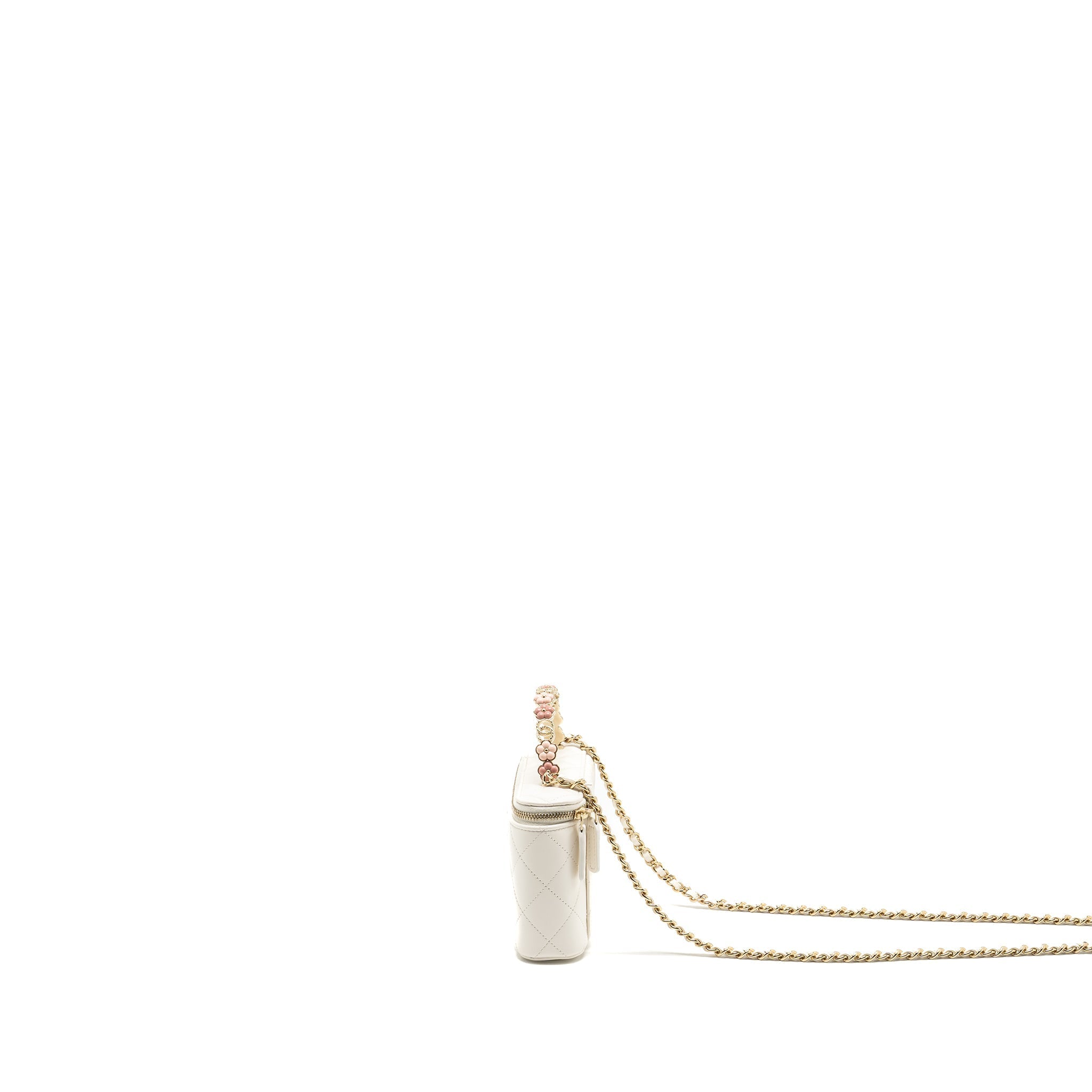 Chanel 23k Camellia Top Handle Long Vanity Case With Chain Calfskin White L (Microchip)
