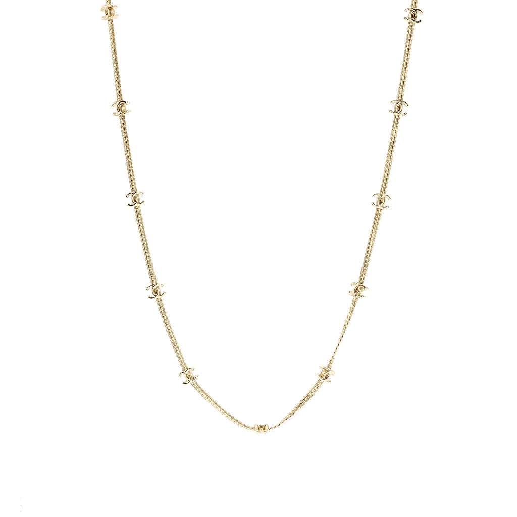 Chanel CC Logo Long Necklace Light Gold Tone
