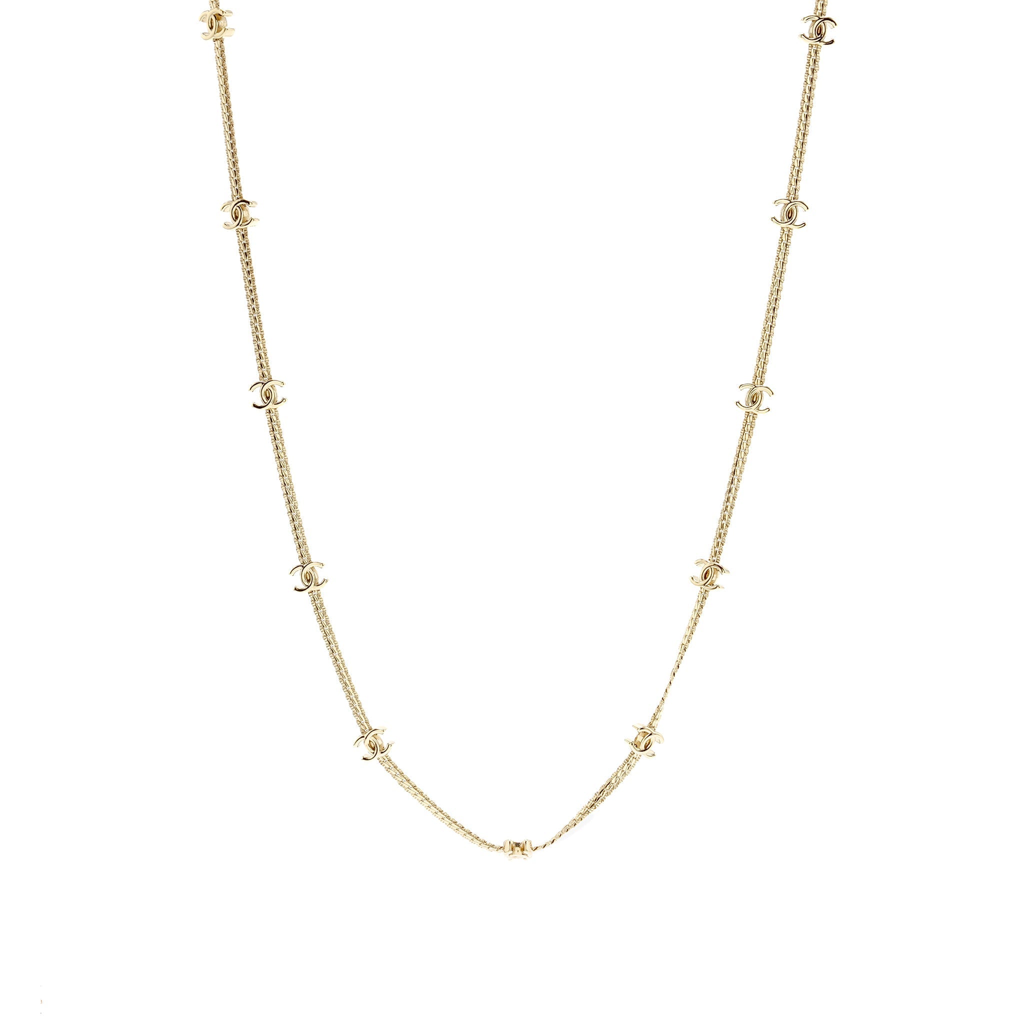 Chanel CC Logo Long Necklace Light Gold Tone