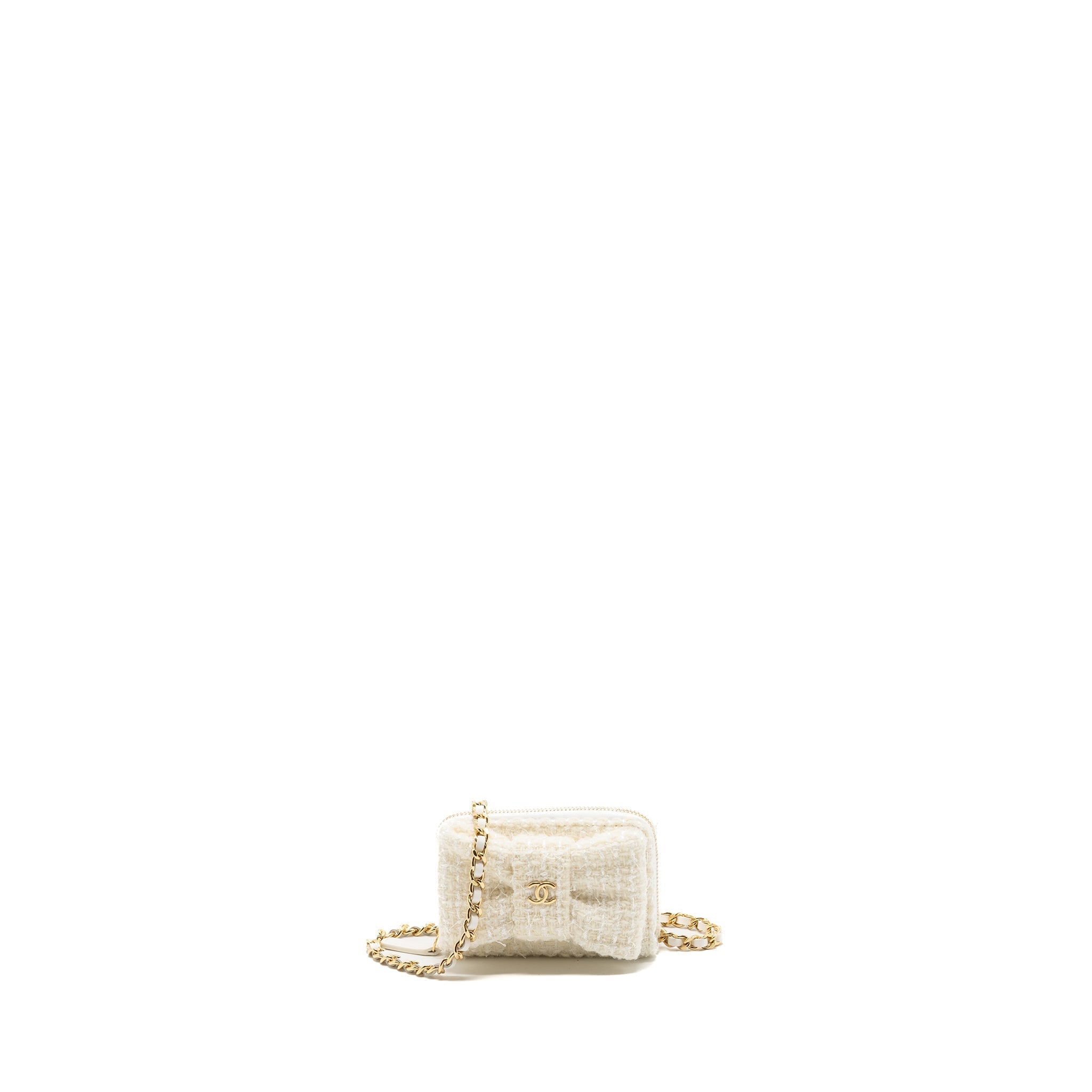 Chanel Mini Bow Card Holder With Chain Tweed White L(Microchip)