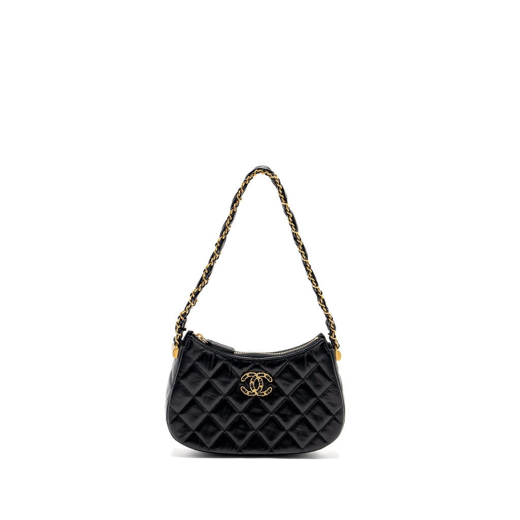 Chanel 23k Small Hobo Shoulder Bag Calfskin Black  (microchip)