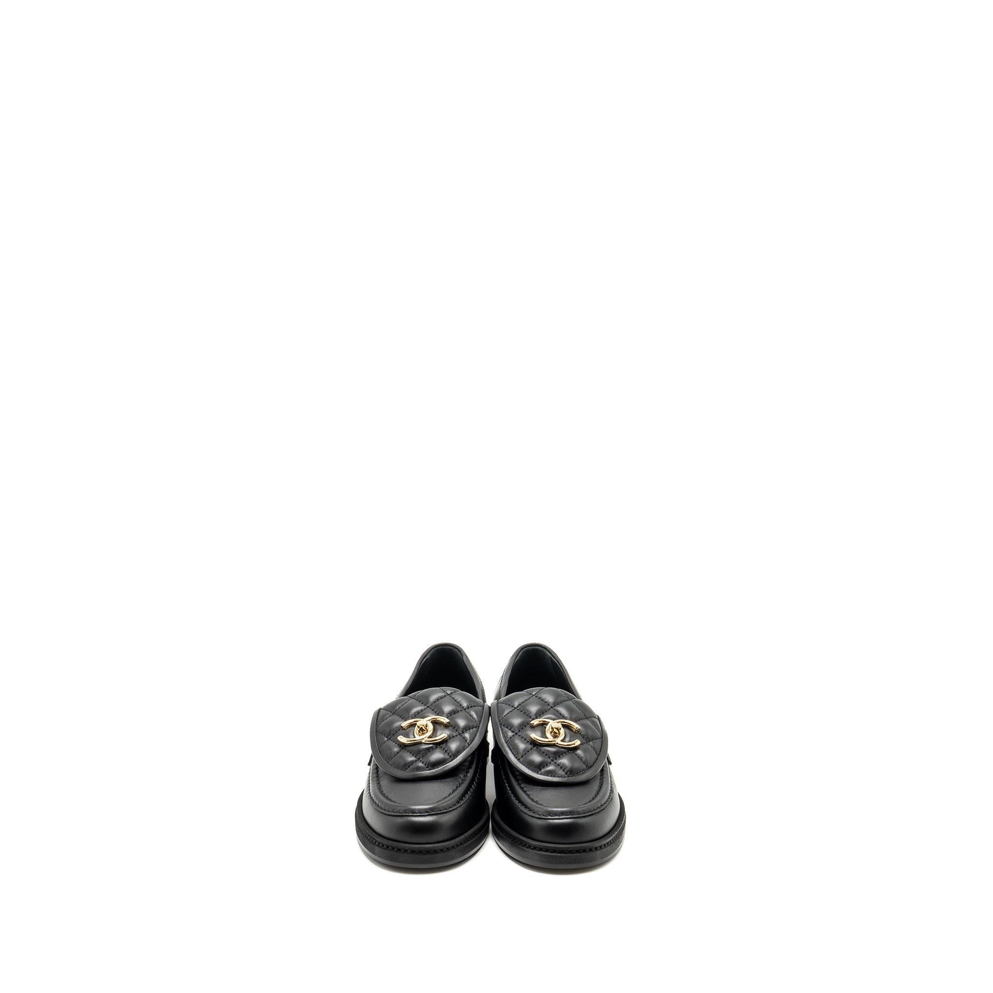 Chanel Size 37 CC Turnlock Loafers Quilted Leather Black L