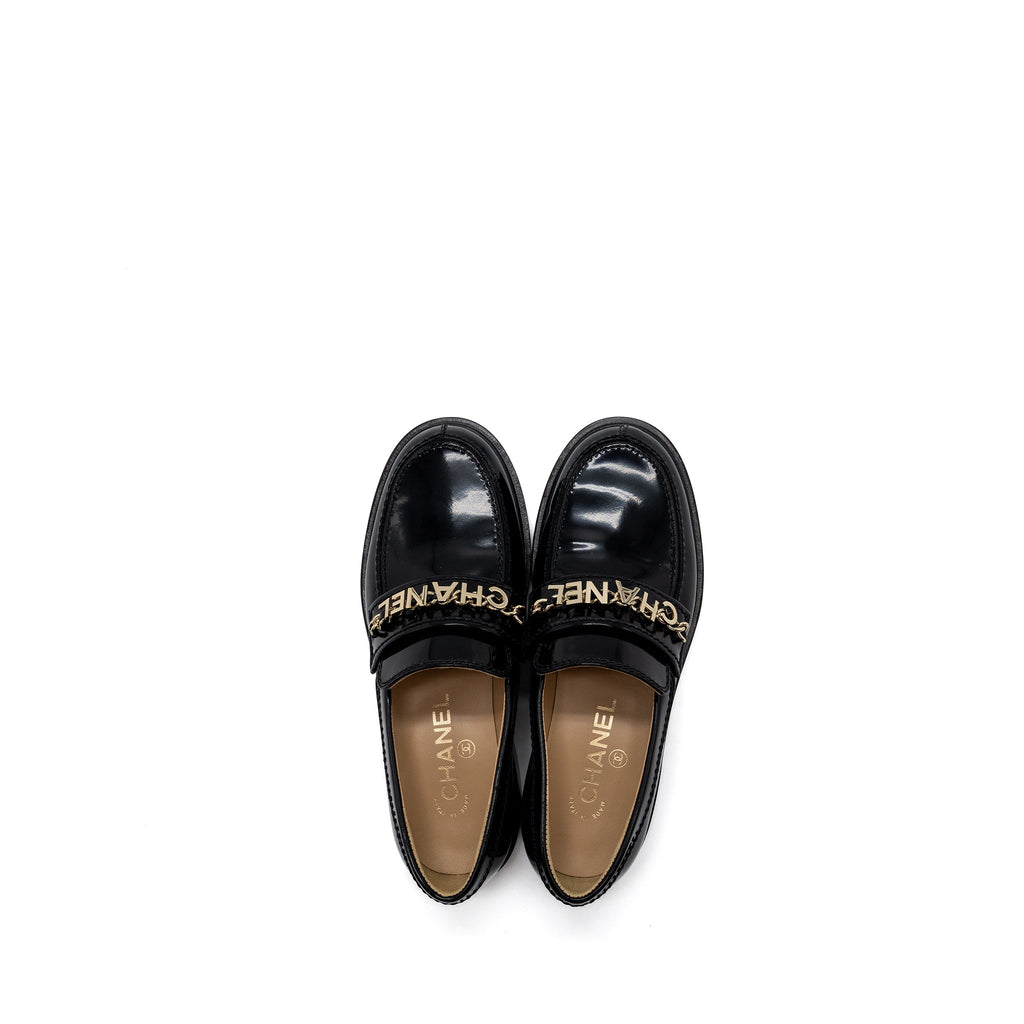 chanel size 36 letter loafer patent leather black L
