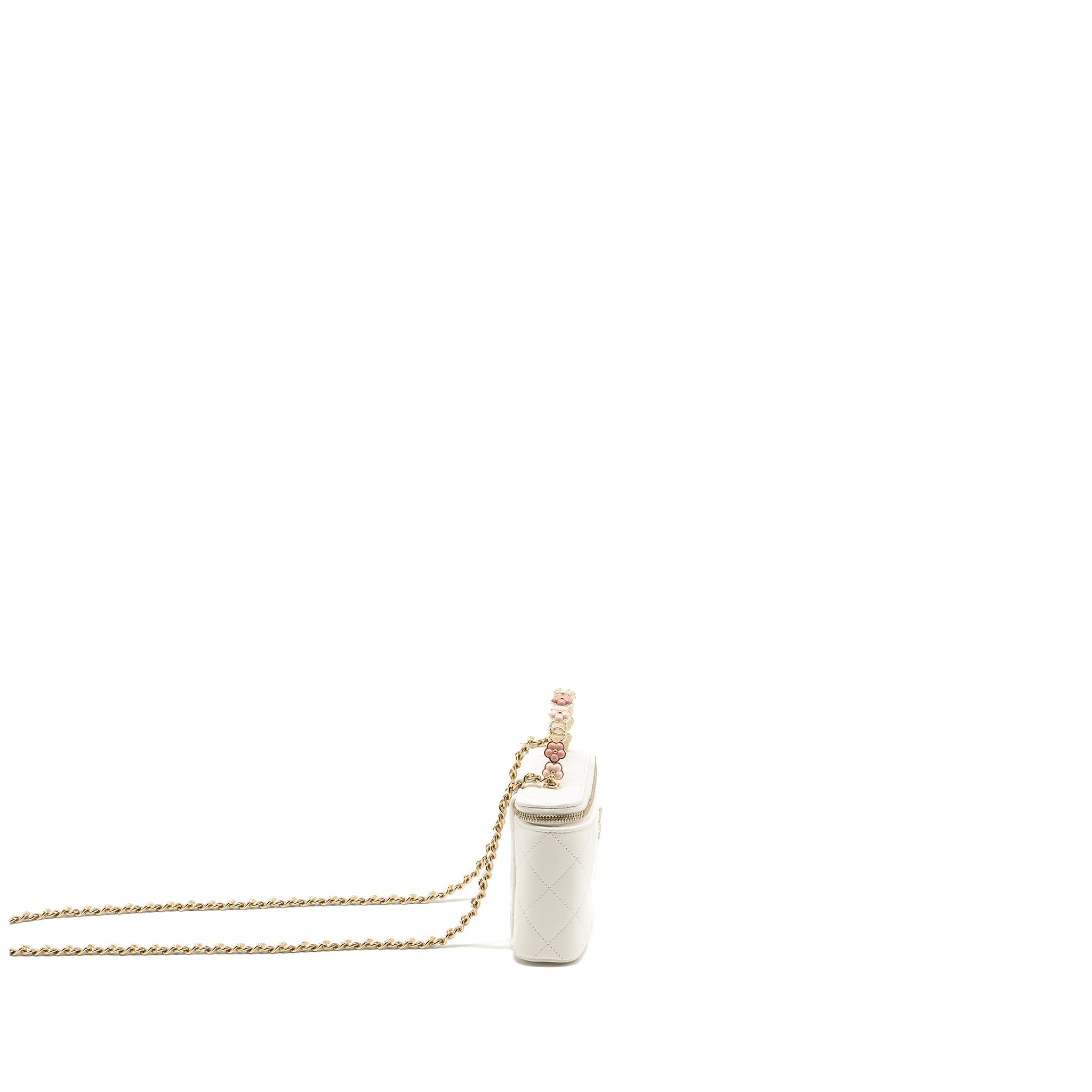 Chanel 23k Camellia Top Handle Long Vanity Case With Chain Calfskin White L (Microchip)
