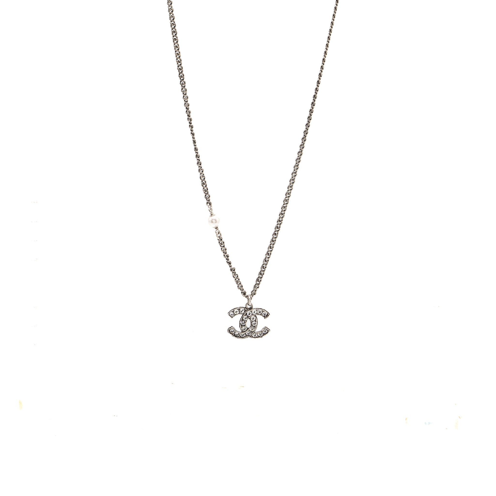 Chanel cc logo necklace crystal/pearl ruthenium hardware