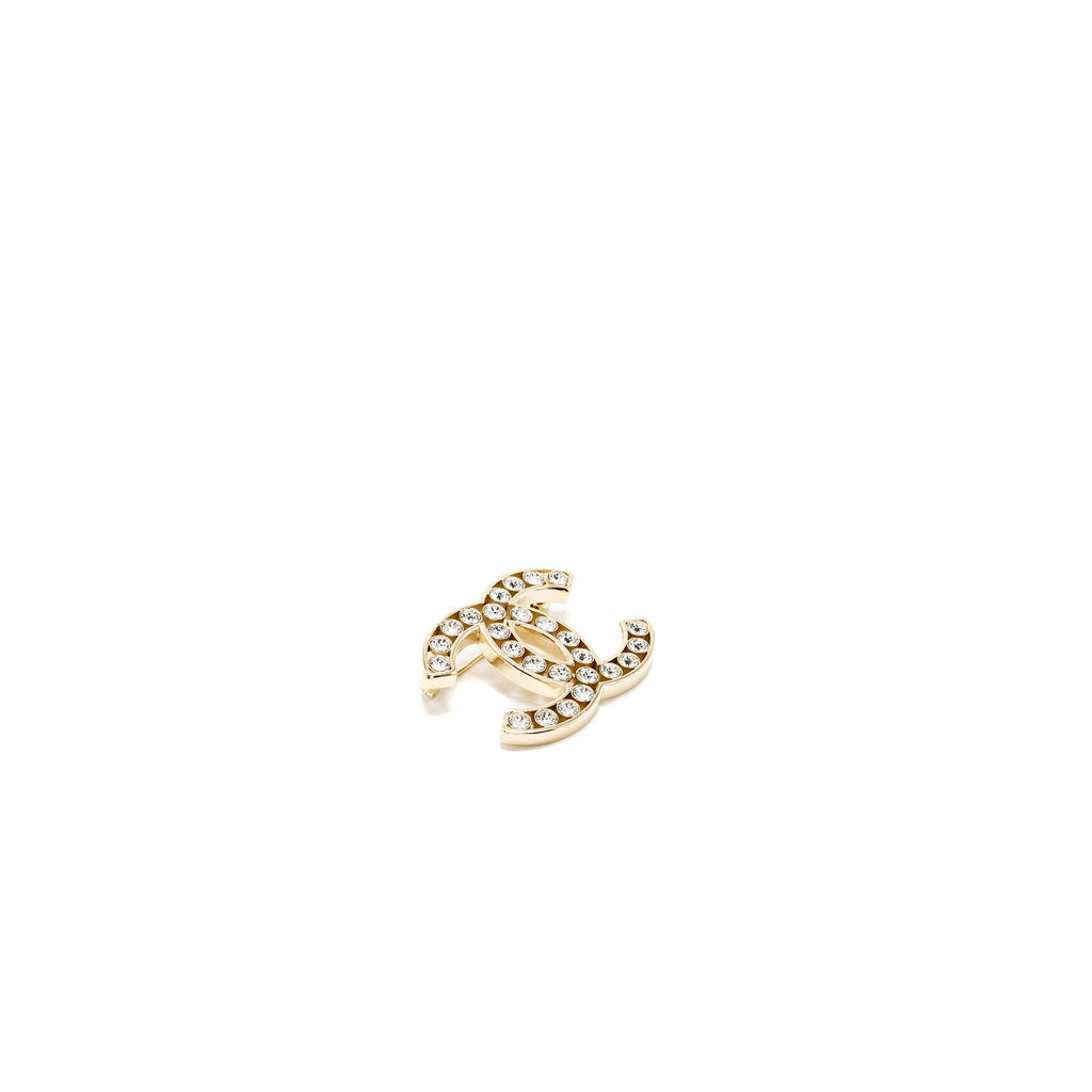 Chanel CC Logo Brooch Crystal Light Gold Tone