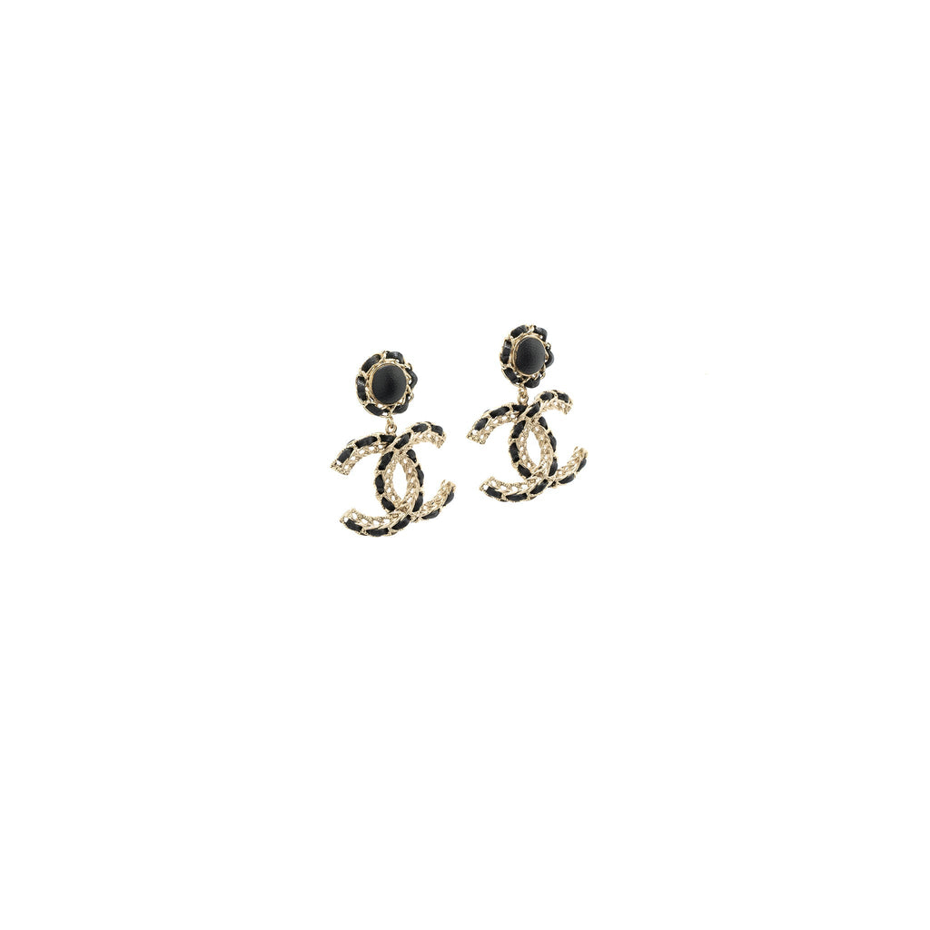 Chanel Giant Leather Chain CC Logo Dropped Earrings Light Gold Tone