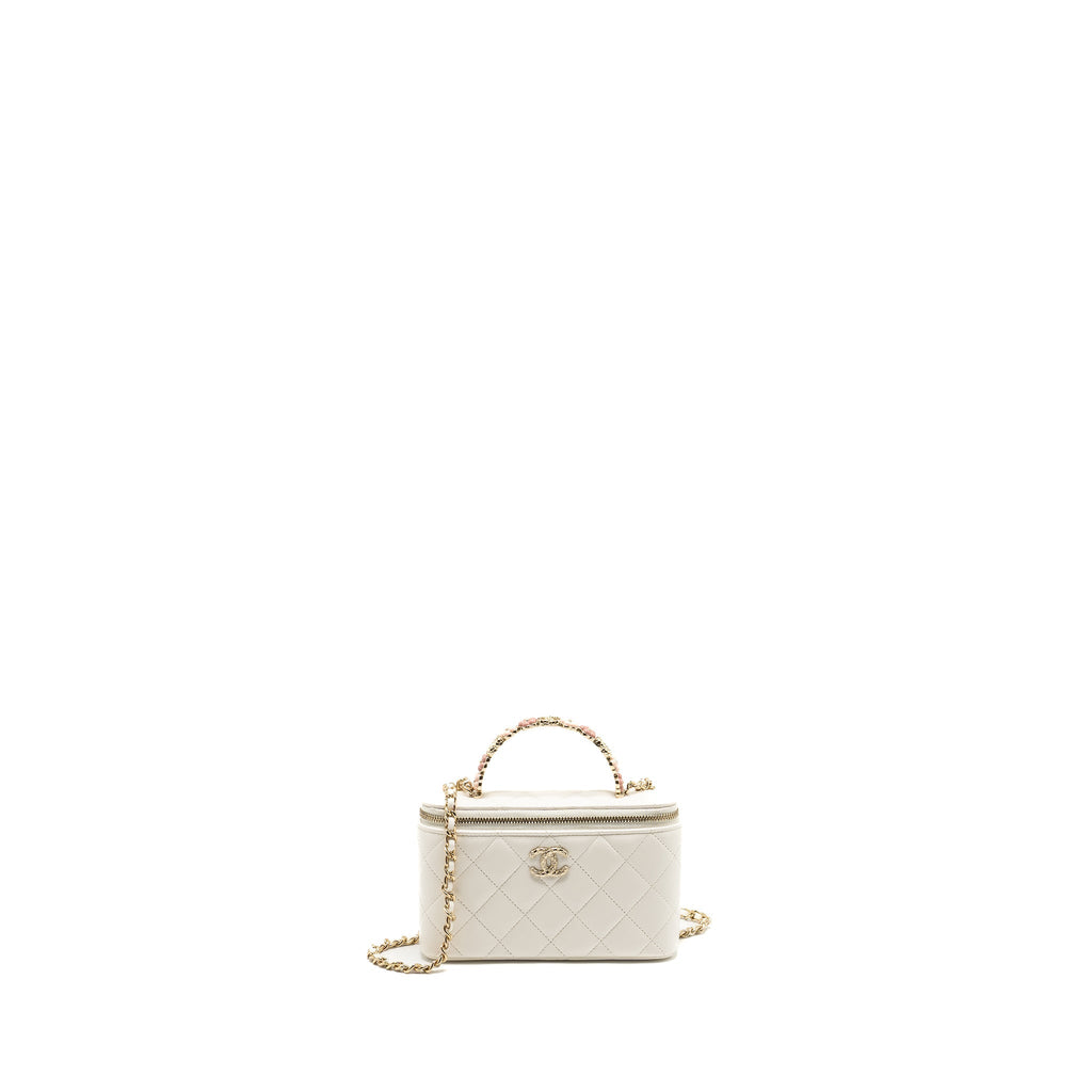 Chanel 23k Camellia Top Handle Long Vanity Case With Chain Calfskin White L (Microchip)