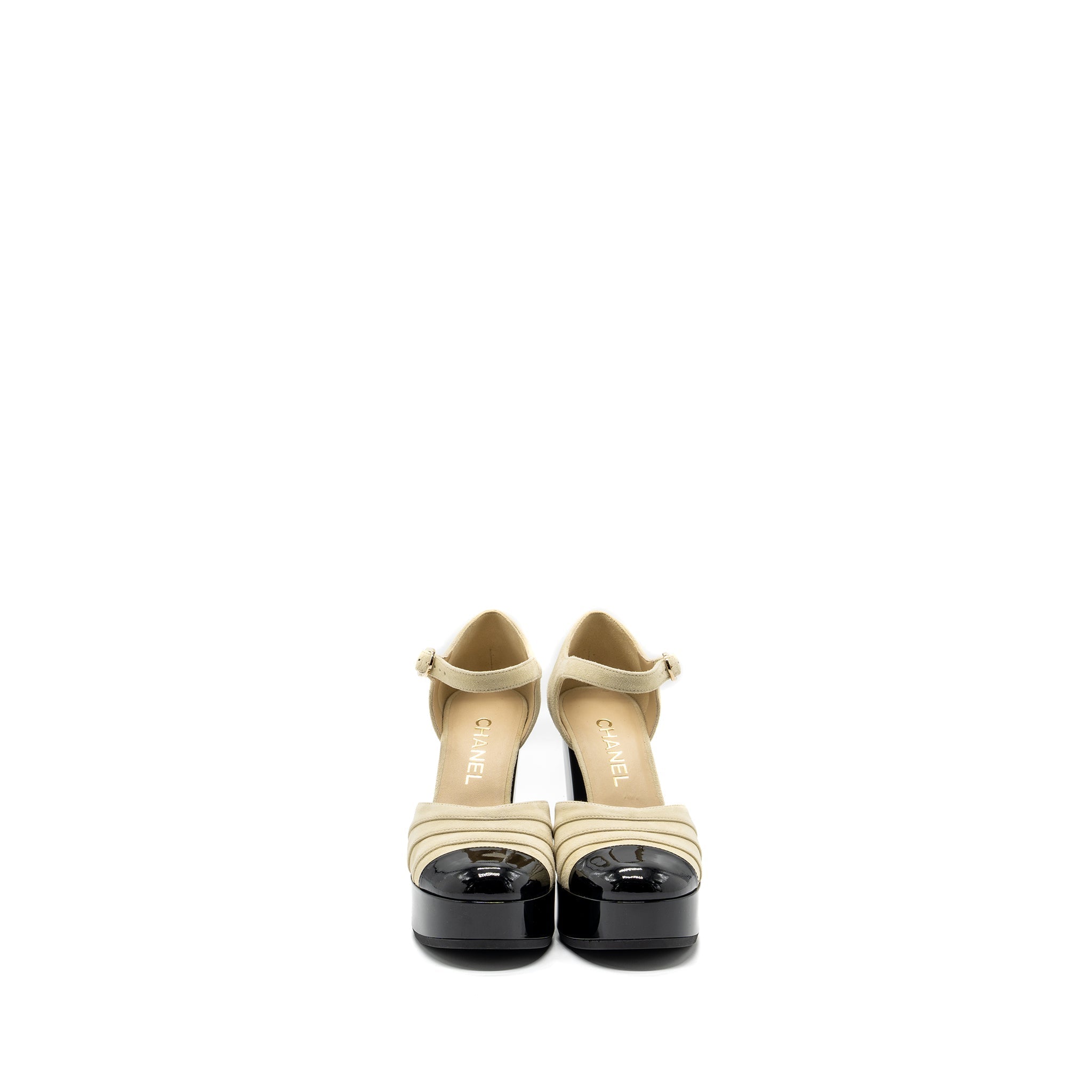 Chanel Size 38 open High Platform Shoe suede / Paten / Calfskin Ivroy  / Black