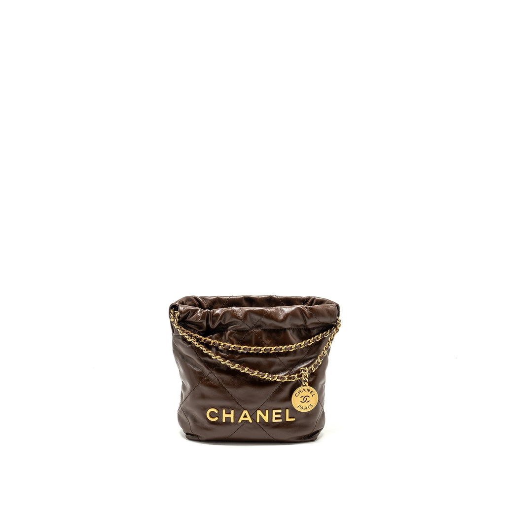 Chanel Mini 22 Bag Shiny Calfskin Chocolate  (microchip)