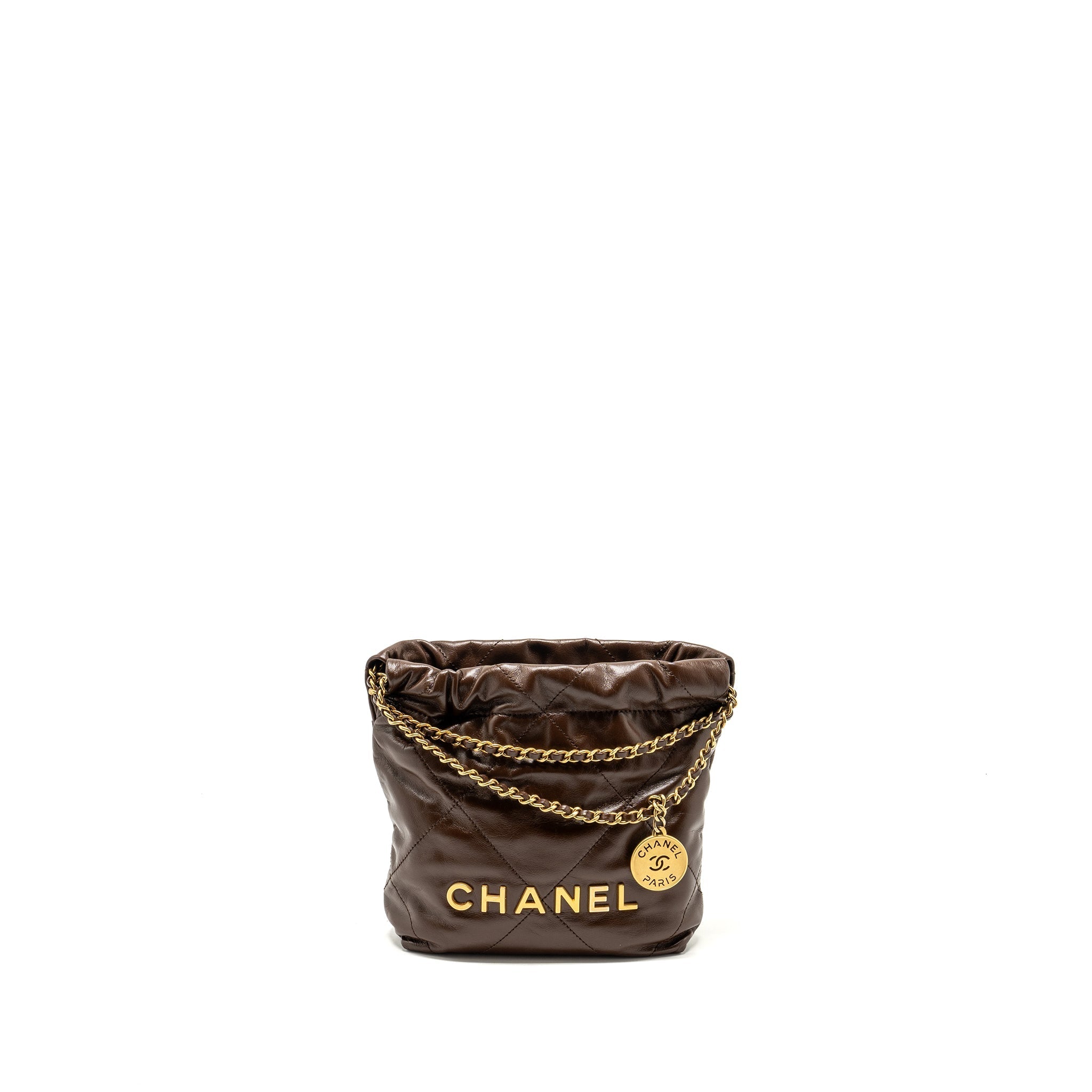 Chanel Mini 22 Bag Shiny Calfskin Chocolate  (microchip)