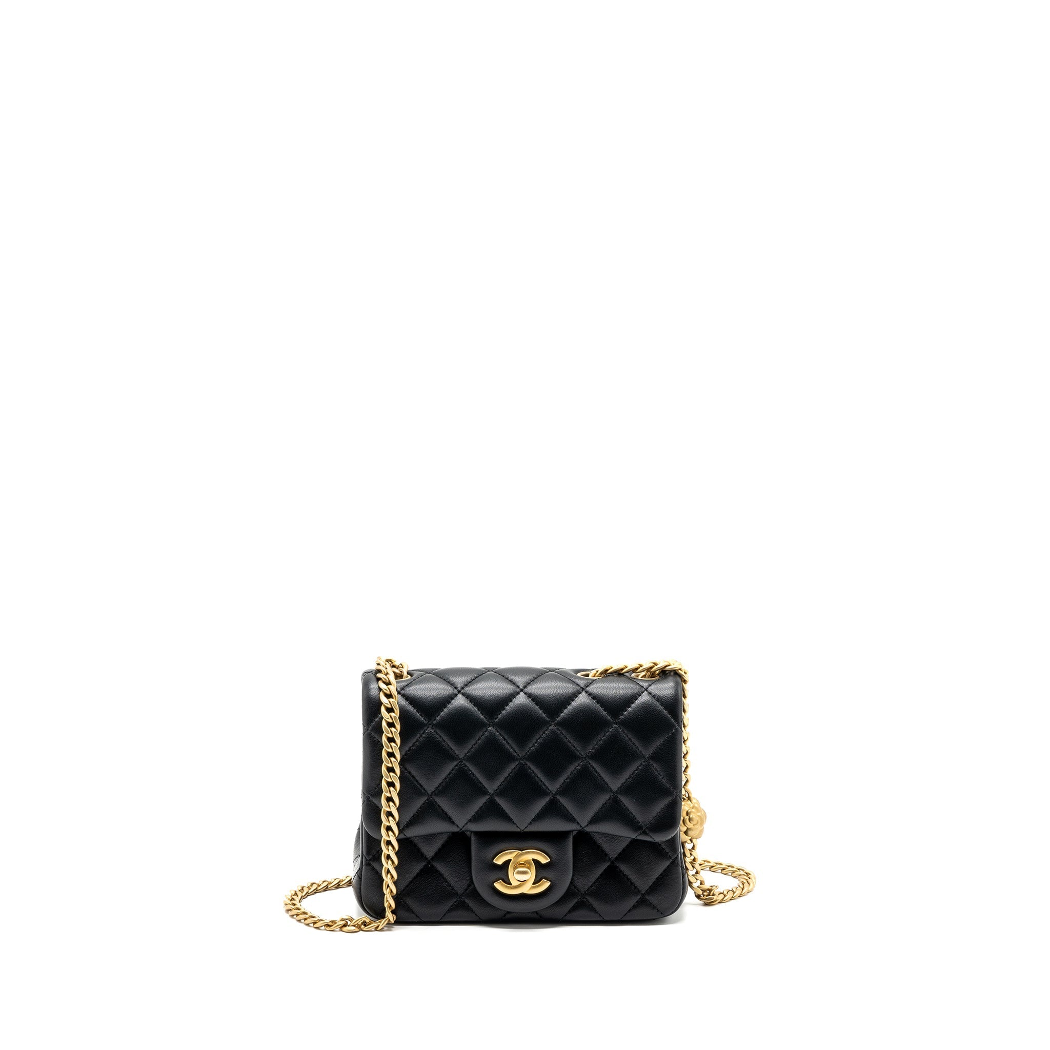 Chanel Camellia adjustable chain mini square flap bag lambskin black  (microchip)