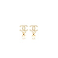 Chanel 22K CC Logo Drop Earrings Crystal/Pearl Light Gold Tone