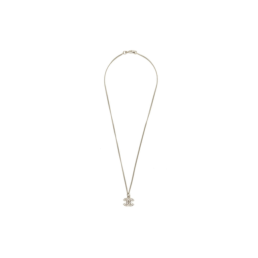 Chanel CC Logo Necklace Crystal Silver Tone